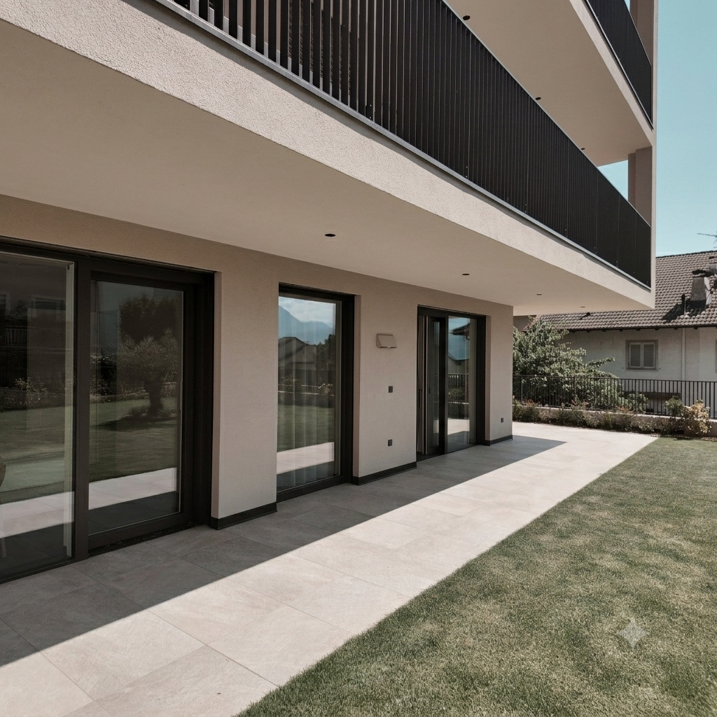 Moderne Wohnungsterrasse mit großen Glas-Schiebetüren, weißem Putz, dunklen Balkonreling und grünem Rasen davor.
