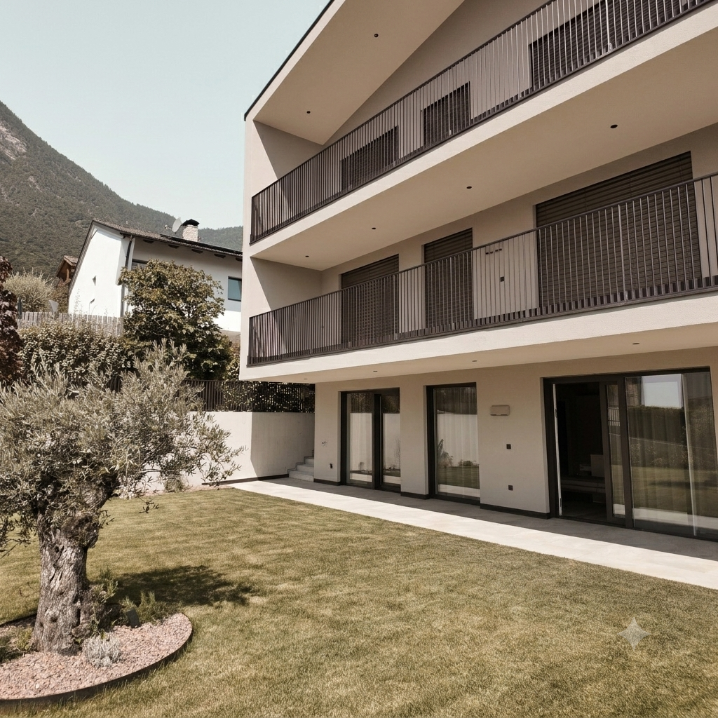 Modernes Mehrfamilienhaus mit Balkon und Garten, umgeben von Bergen in der Ferne.