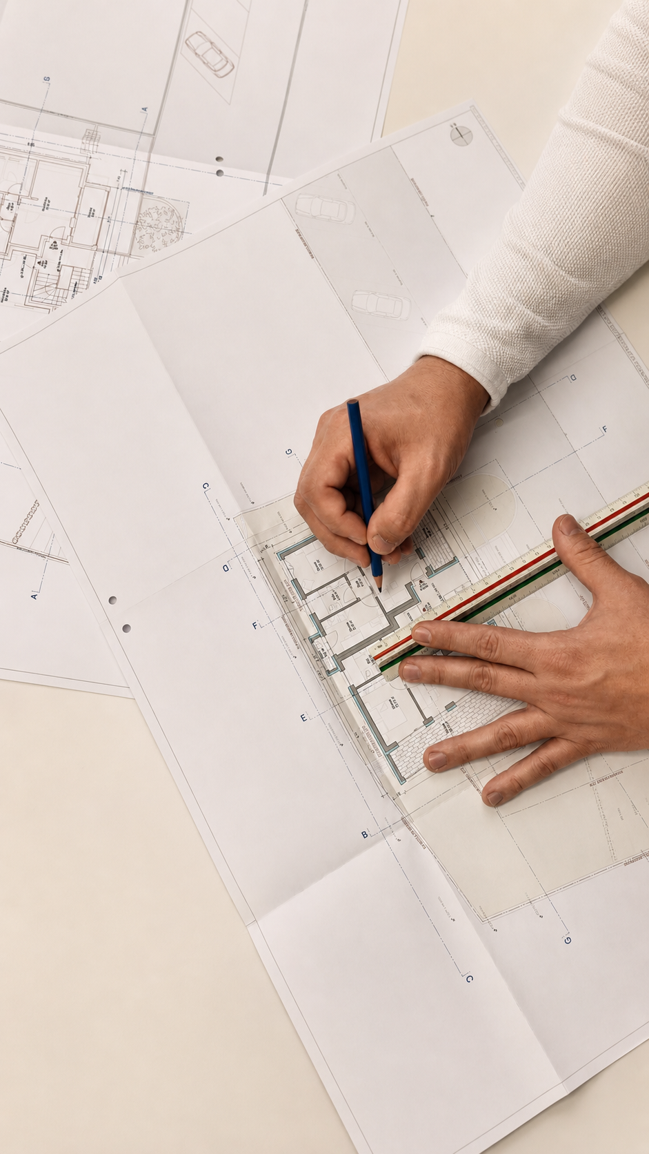 Architekt entwirft Bauplan mit Bleistift und Lineal auf einer Vielzahl von Bauzeichnungen auf dem Tisch.