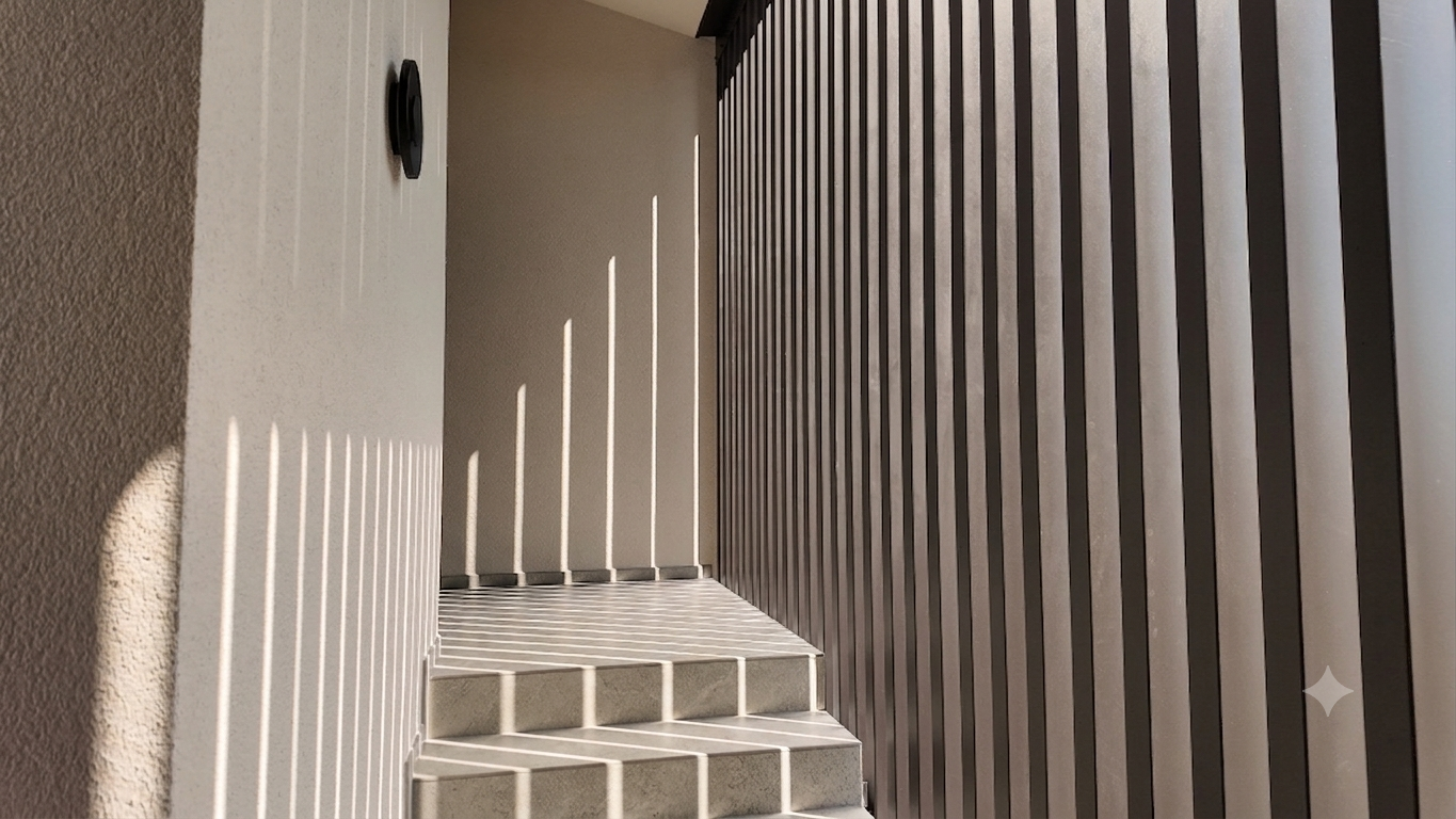 Innenansicht eines Flurs mit Treppe, gitterförmigen Schatten und einfachem Dekor.