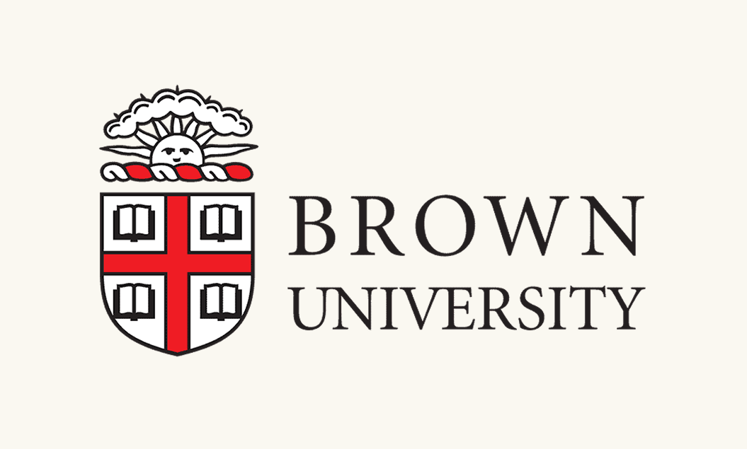 Logo of Brown University featuring a shield with a red cross and open books, and a shield with a sun with a face behind clouds.