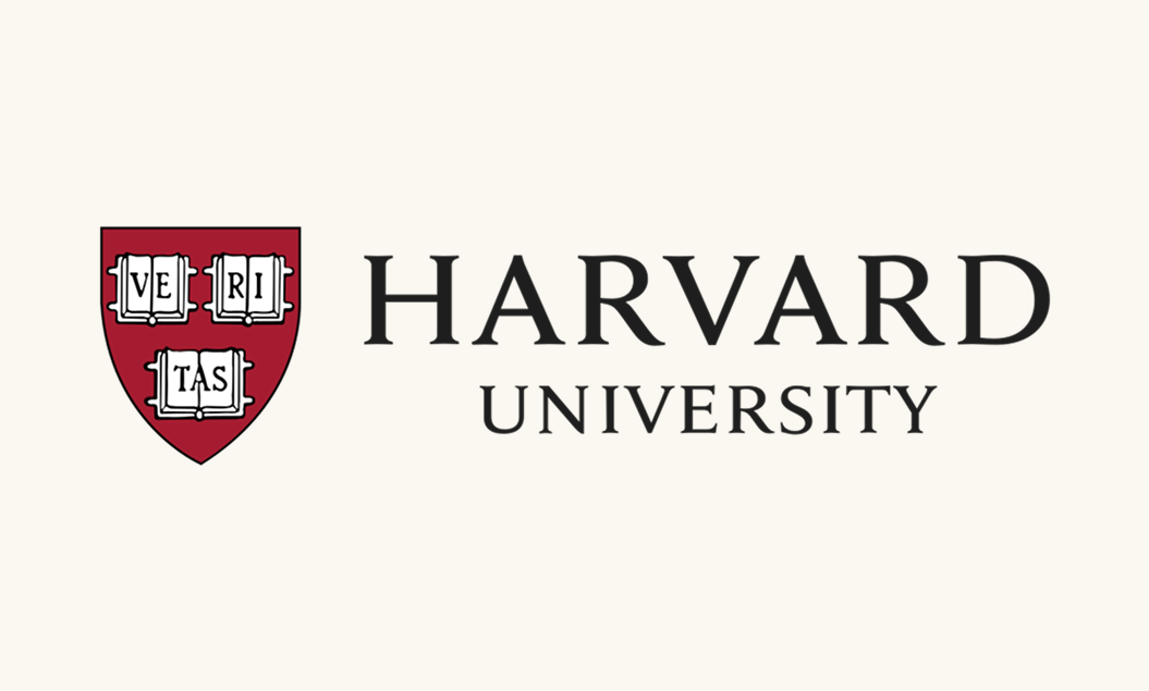 Harvard University logo with shield and open books, and the words 'Harvard University' in black text