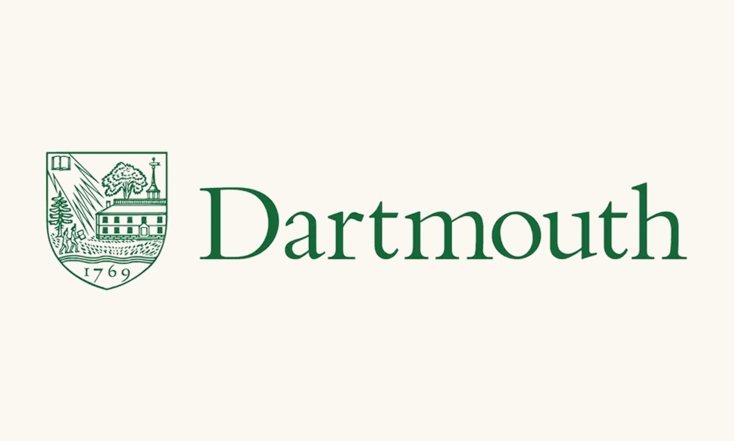 Dartmouth official logo featuring a crest with a tree, building, and native figures, with the founding year 1769, and the word 'Dartmouth' in green text.