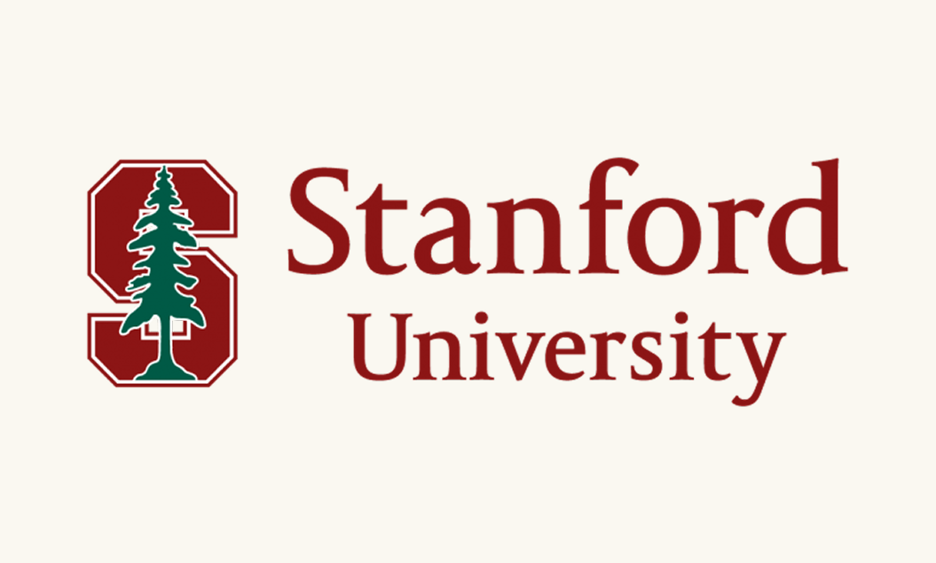 Stanford University logo featuring a red and white shield with a green tree and the words 'Stanford University' in maroon text.