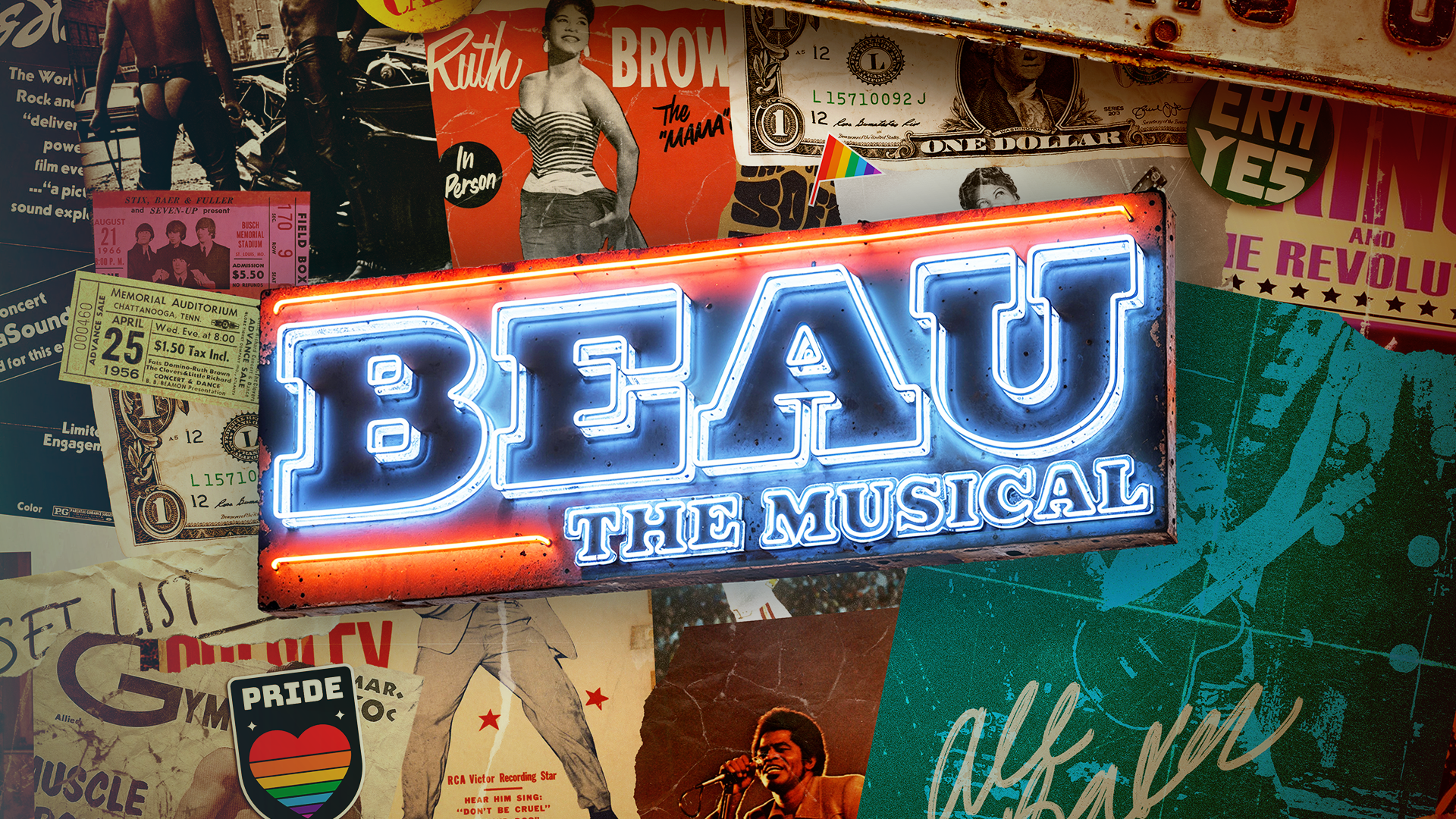 Neon sign reading "BEATU THE MUSICAL" in front of a collage of vintage posters, dollar bills, and miscellaneous memorabilia.