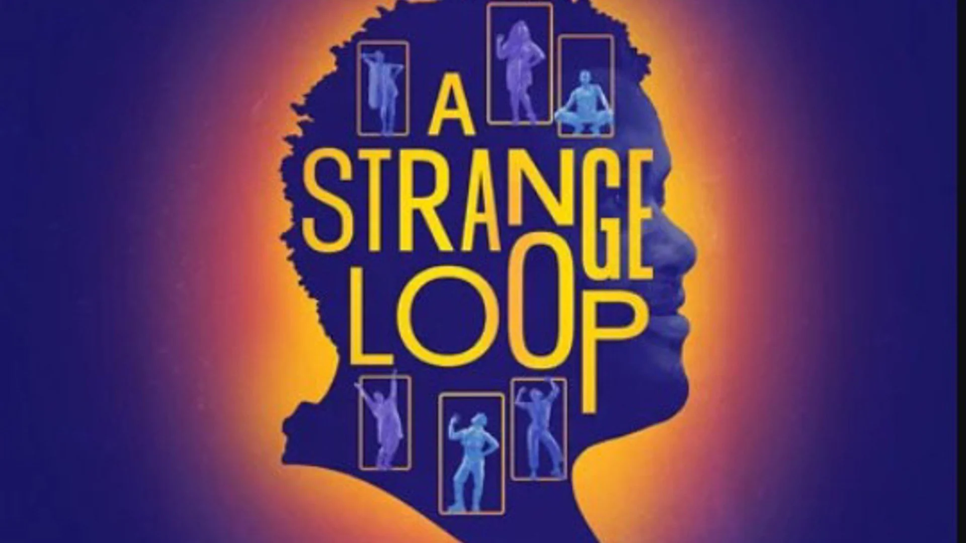 Silhouette of a human head in profile filled with images of a woman in various poses, with the text 'A STRANGE LOOP' inside the head.