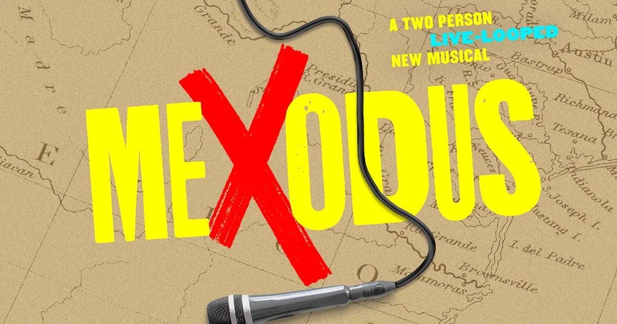 Promotional poster for a new musical titled "Mexico Vicious" featuring a map background, a microphone, and text indicating it's a two-person live-looped musical.