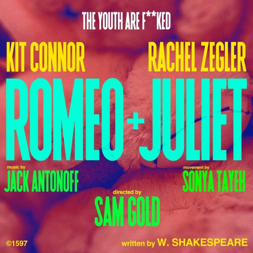 Colorful poster for a theatrical production of Romeo and Juliet with names of cast and crew.