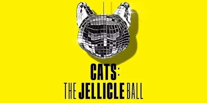 A disco ball styled like a cat's face with yellow background, and bold black text that says 'CATS: THE JELLICLE BALL'.