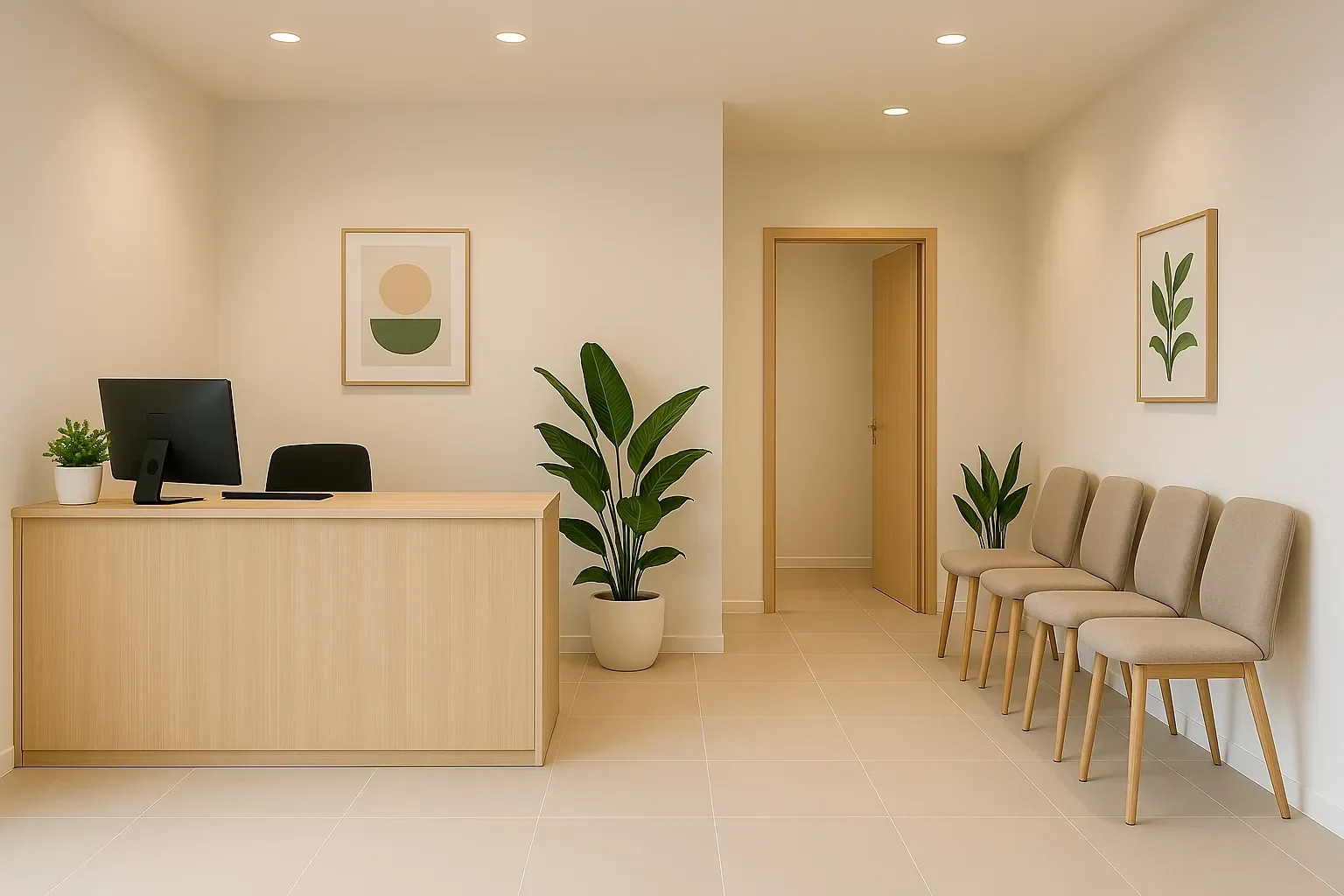 A modern, minimalist reception area with a light wood desk, potted plants, framed abstract art, and four beige chairs along the wall.