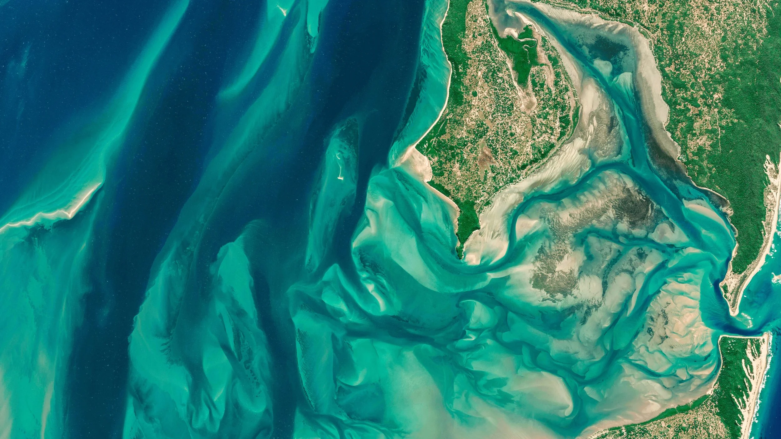 Satellite image of a river delta with numerous channels and lush green land areas.