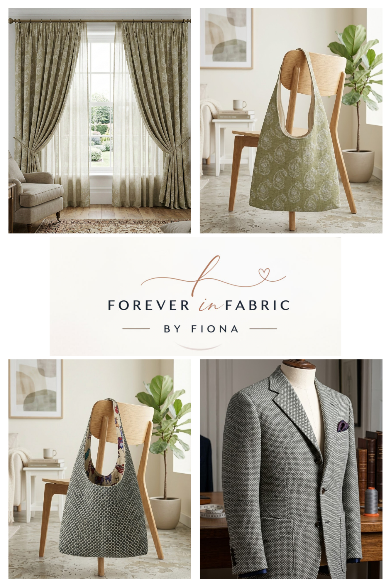 Image of a pair of curtains and a tweed jacket and the bags that were made from the material