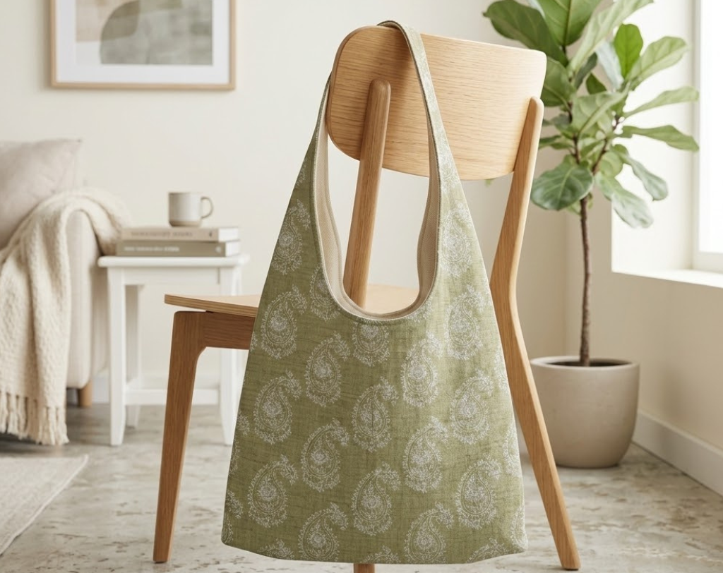 A memory shoulder bag sitting on the back of a chair in a living room