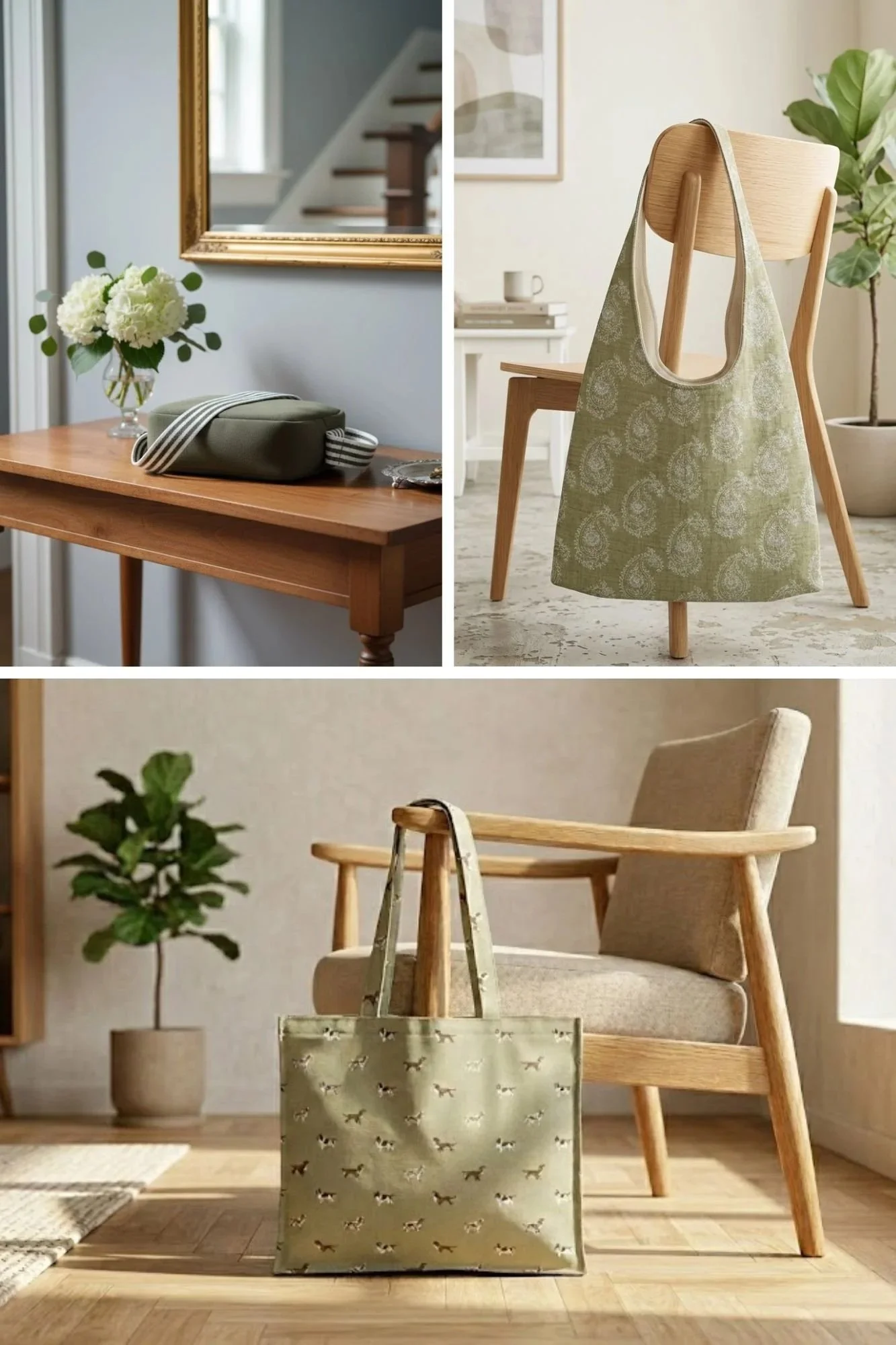 Three memory bags displayed in rooms settings