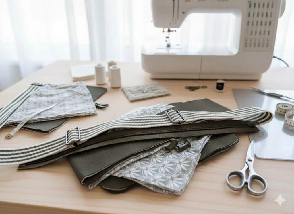 Sewing machine and cut fabric ready to make a bag