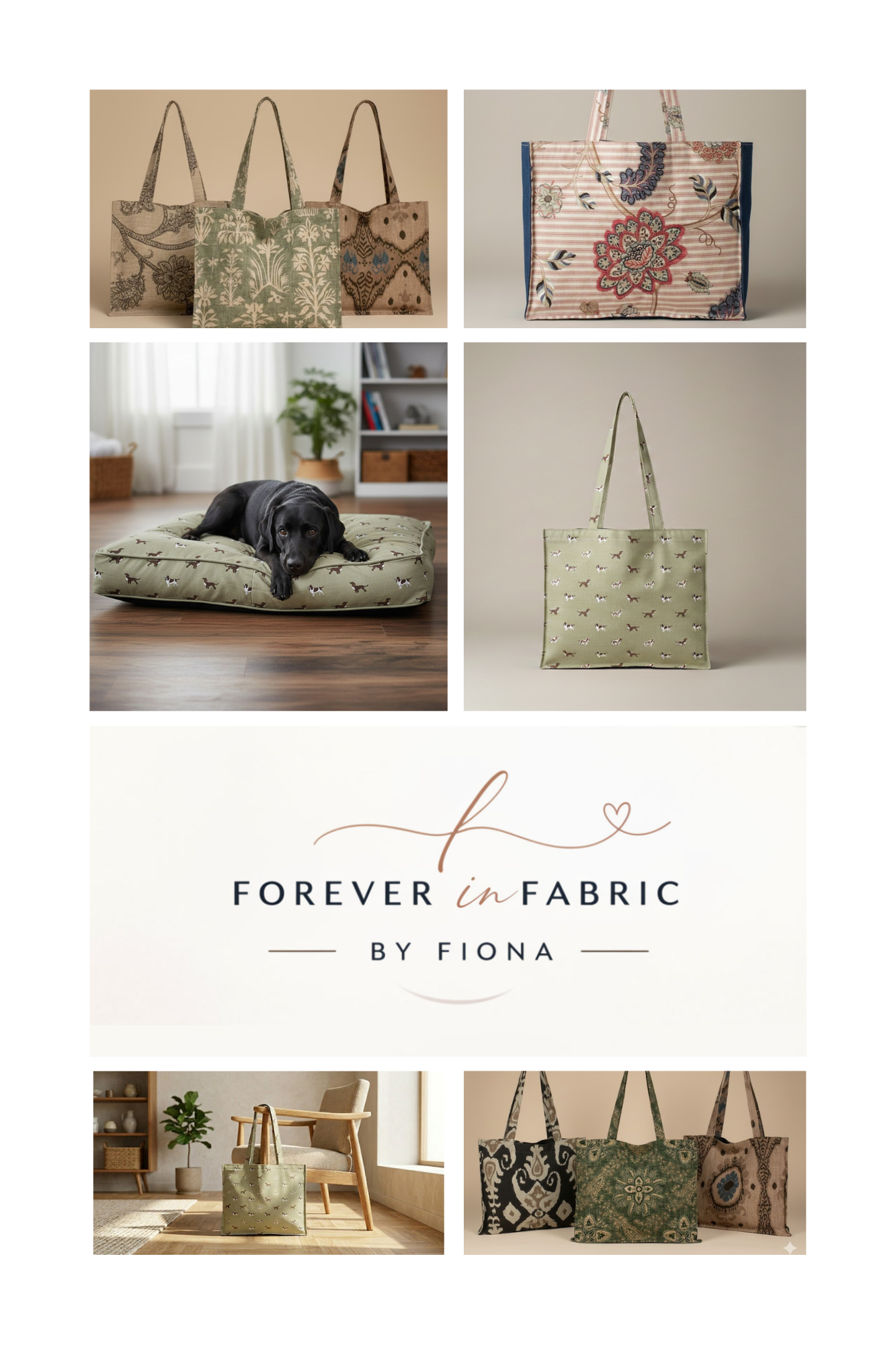 A selection of memory tote bags and an image of a black dog laying on a dog bed which was used to make one of the bags