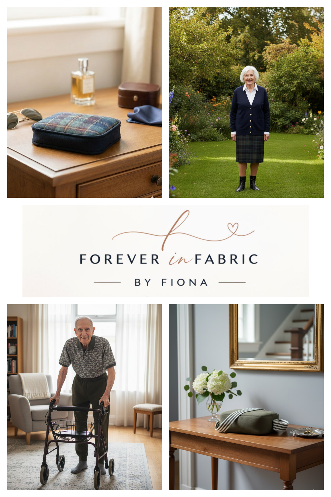 Memory cross body bags and the clothes they were made from image of a granny wearing skirt and uncle wearing joggers