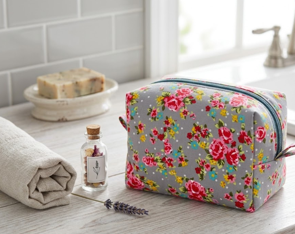 Memory wash bag sitting on a worktop with a window in background