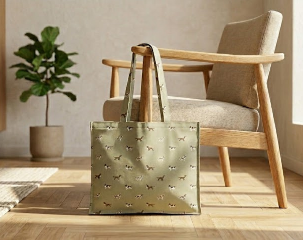 Memory tote back hanging off the arm of a chair in a living room