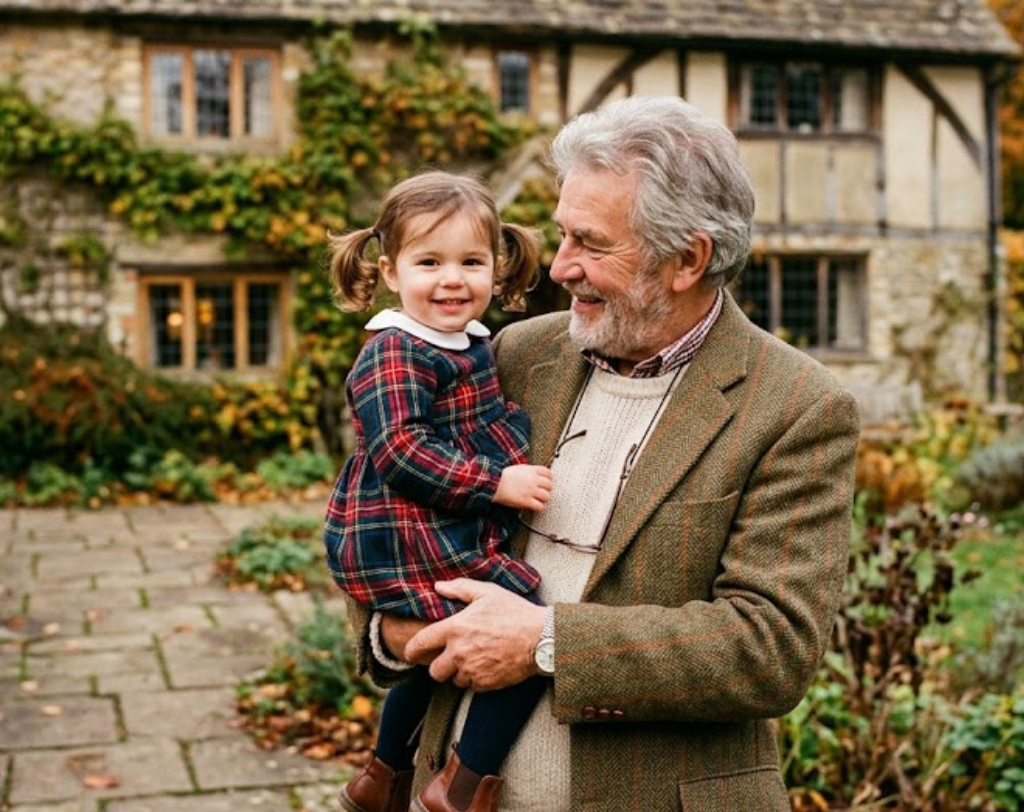 Grandfather wearing tweed jacket holding granddaughter