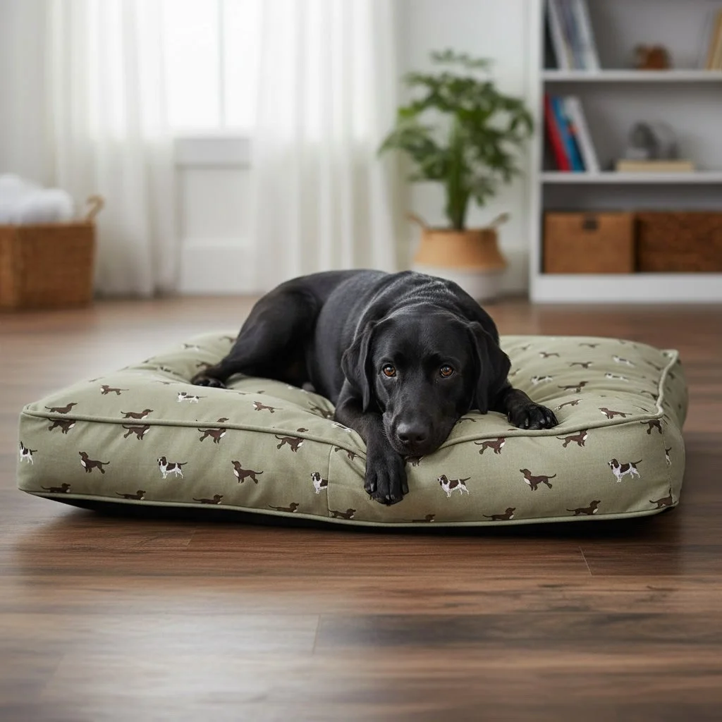 Black dog laying on a dog bed
