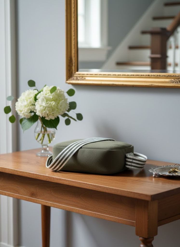 green bag stripe strap laying on a hall table with flowers