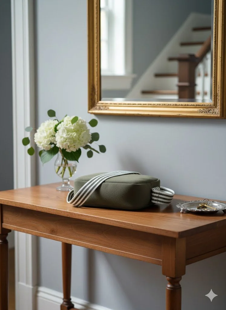 A memory cross-body bag sitting on a hall table