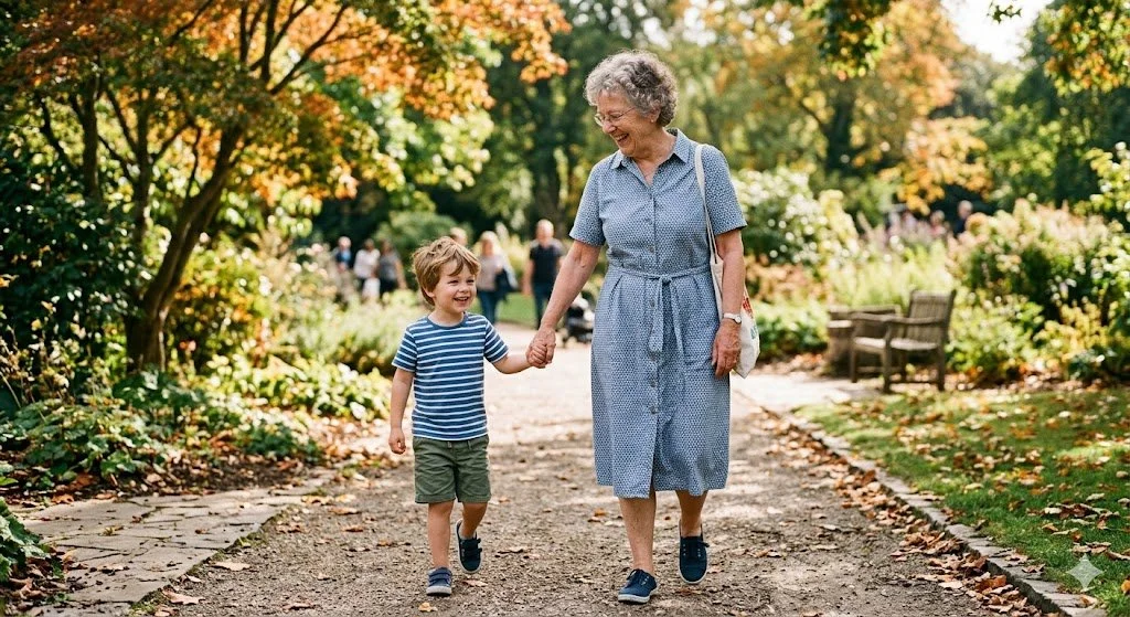 Grandmother wearing a cotton dress holding the hand of a grandson taking a walk