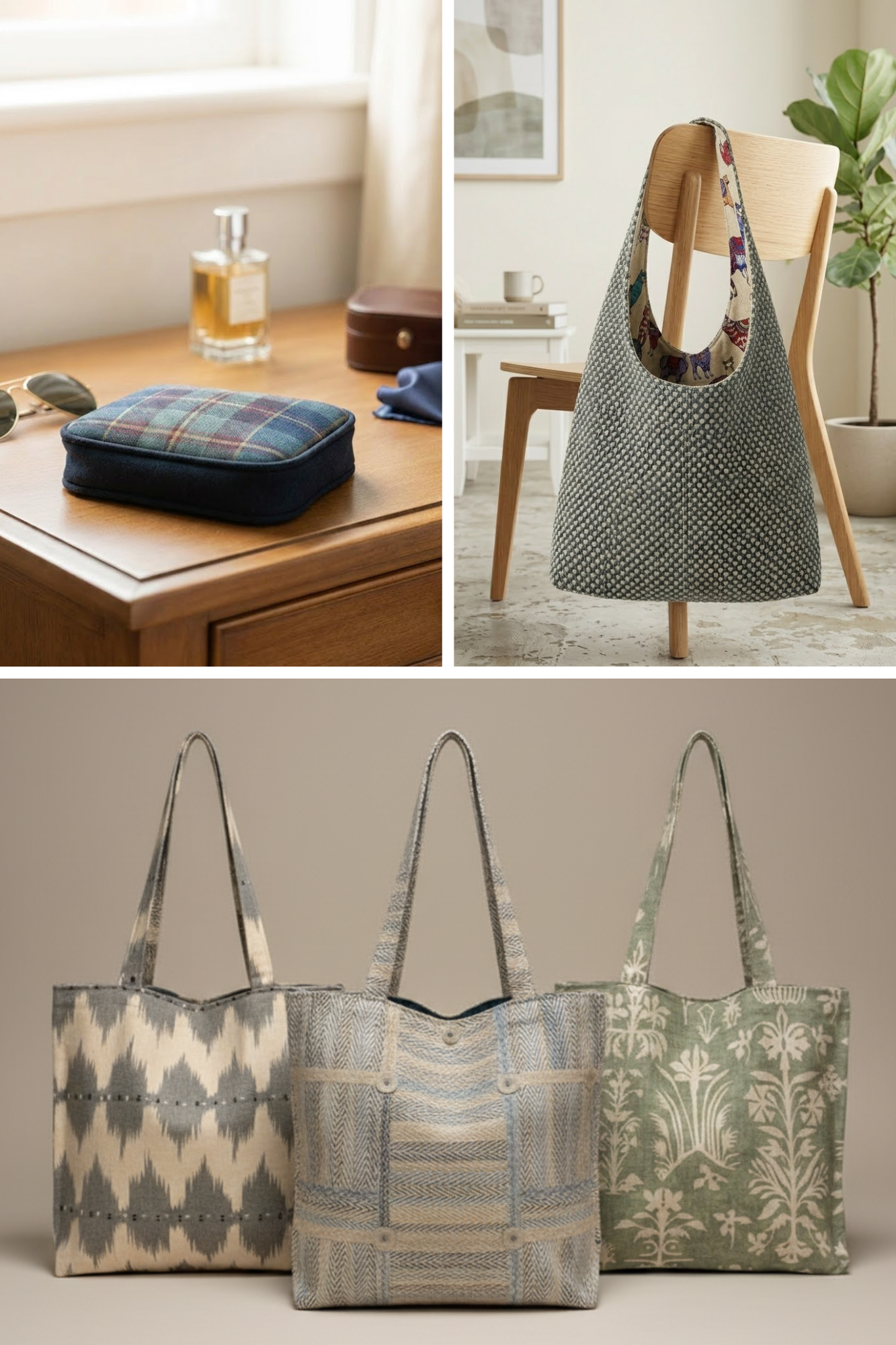 Two bags displayed in room settings and three lined up side by side