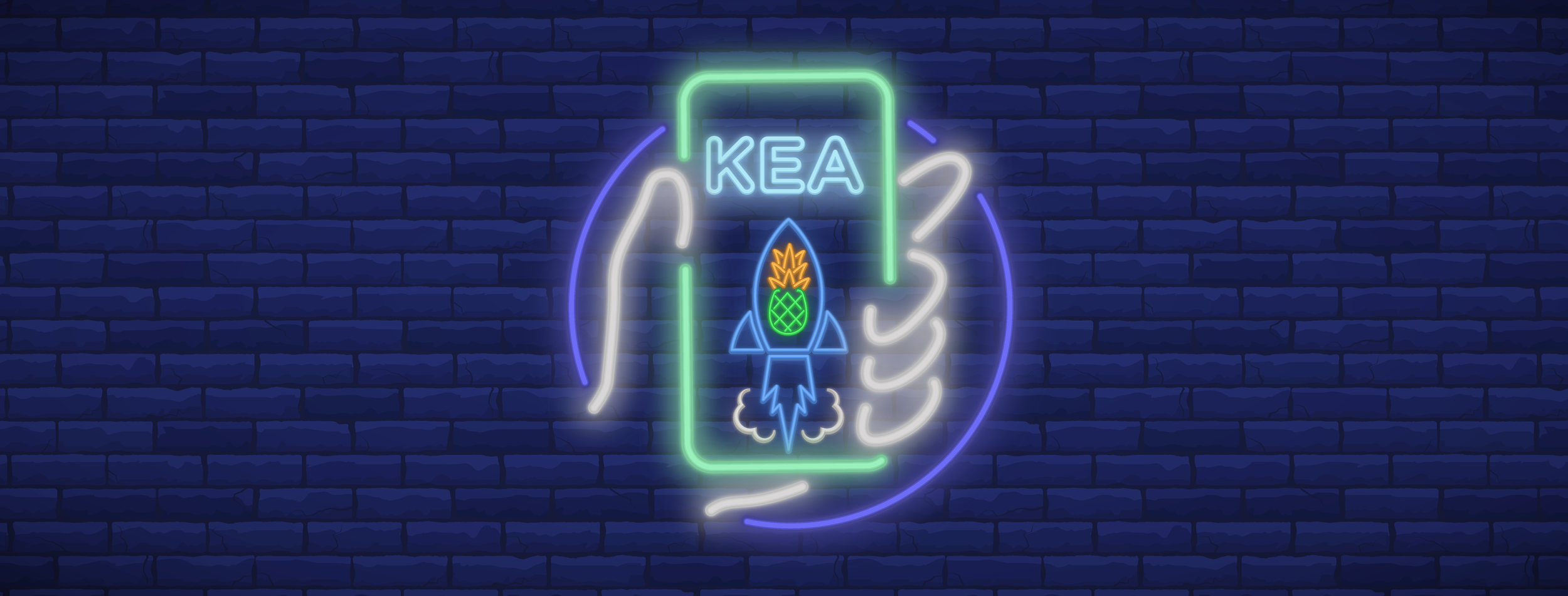 Neon-style illustration on a dark blue brick wall showing a glowing smartphone outline with the letters “KEA” at the top. Inside the phone, a rocket launches upward, featuring a pineapple as the rocket body.