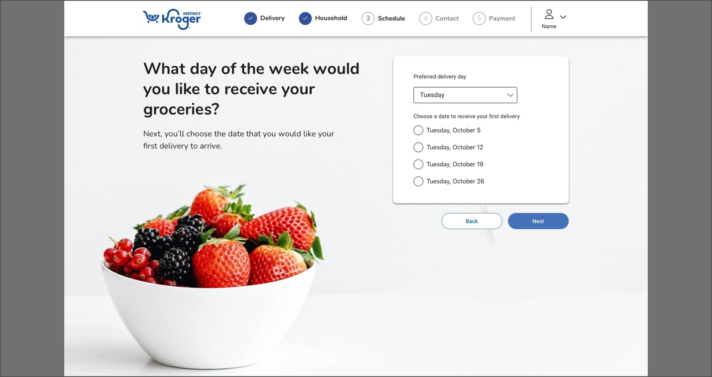 Final delivery scheduling desktop screen asking for preferred delivery day and date selection with a bowl of fresh berries.