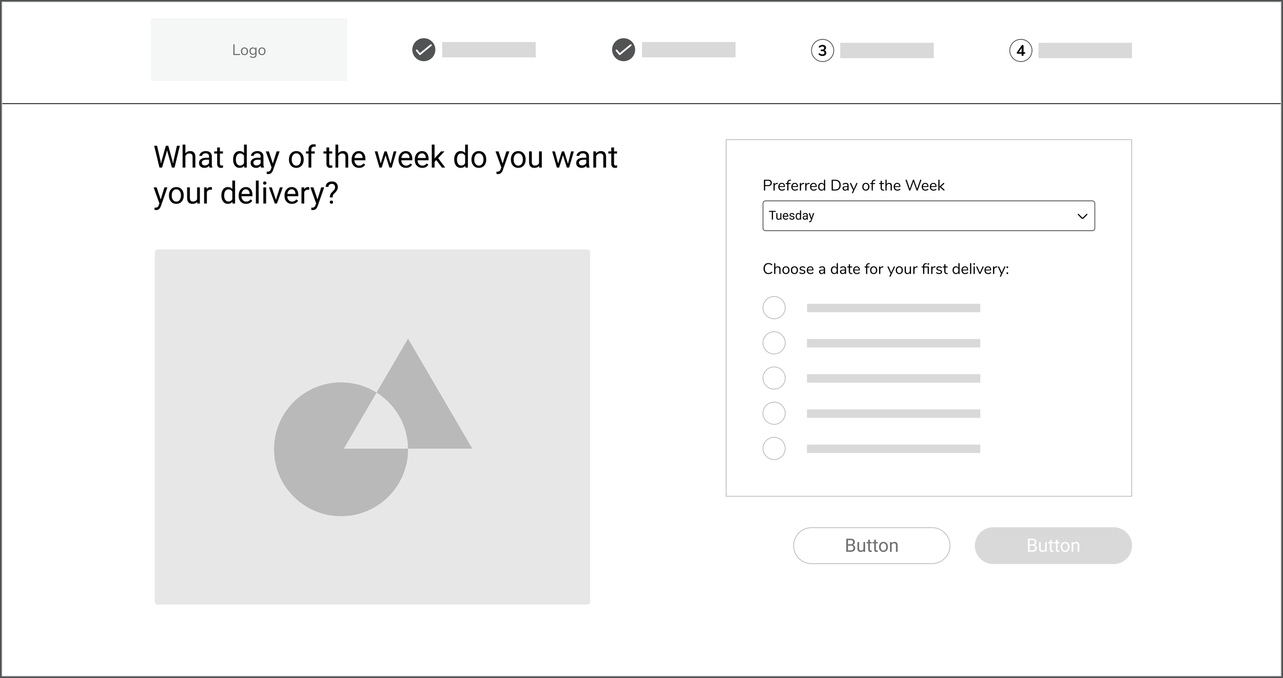 Delivery scheduling wire frame asking for preferred delivery day and date selection.