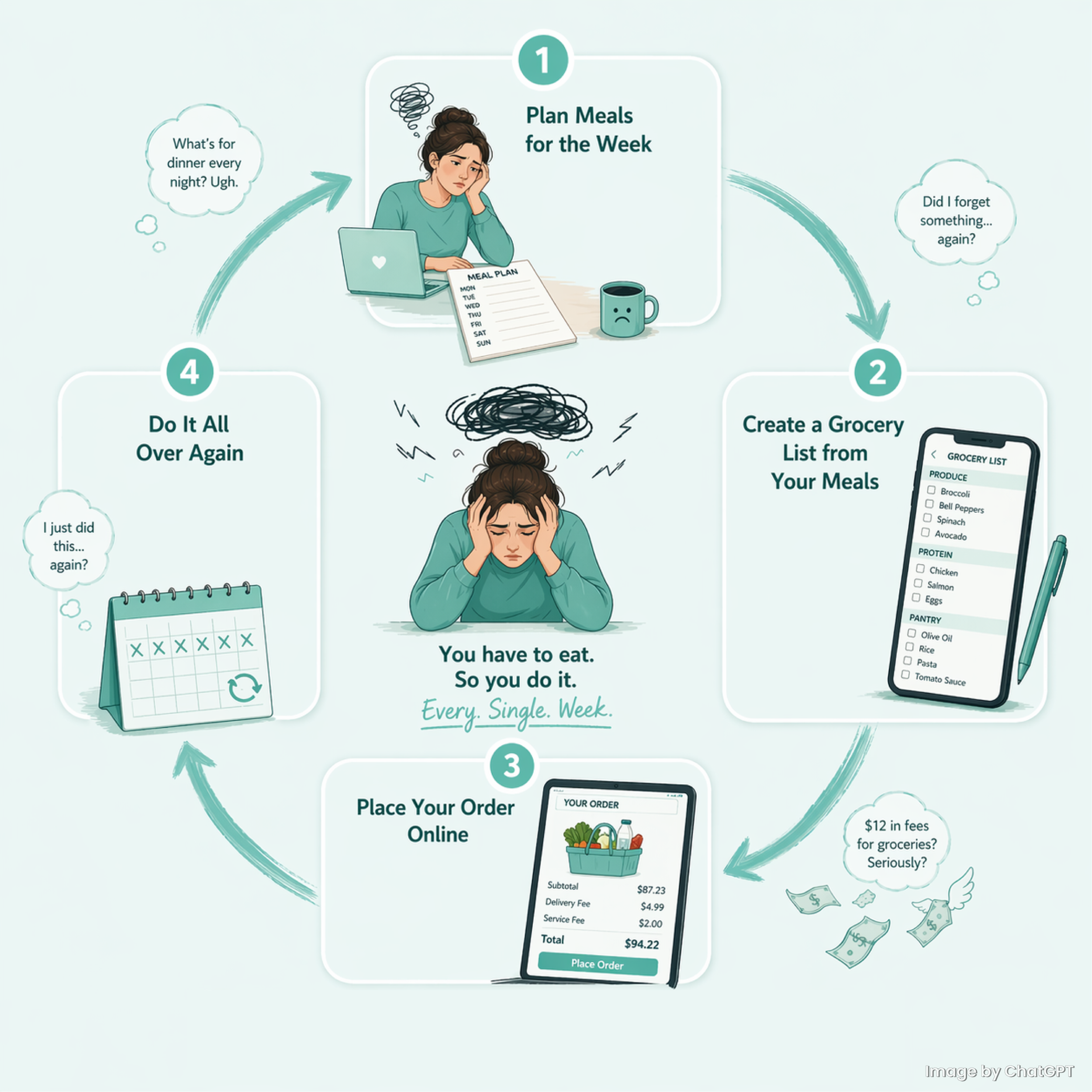 Illustration of a frustrated and tired woman going through the cycle of planning her meals for the week, creating a grocery list, placing an online order for the groceries then doing it all over again.