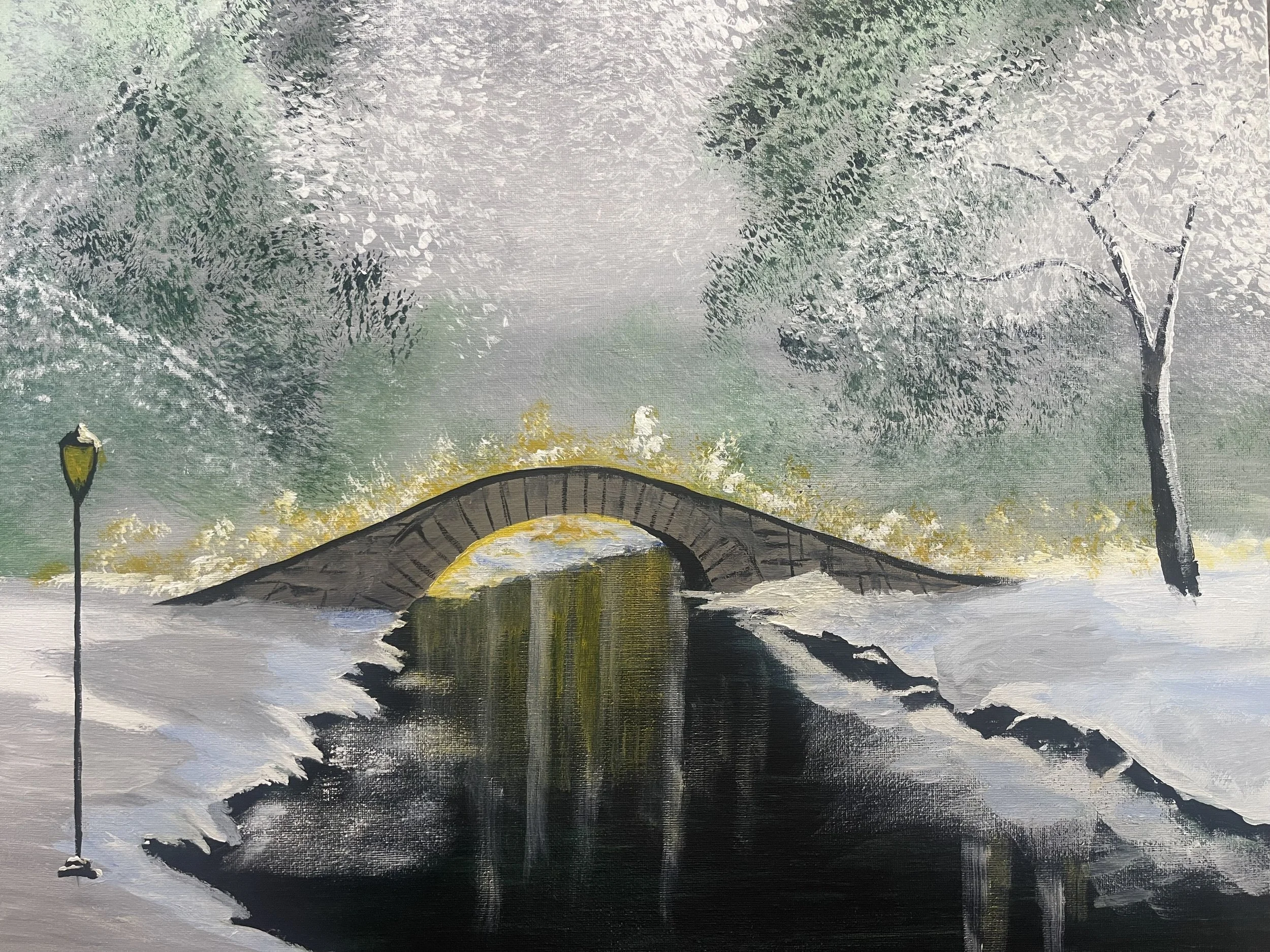 Painting of a snow-covered park scene with a stone bridge over a small stream, a yellow street lamp, and snow-covered trees, with a misty background.