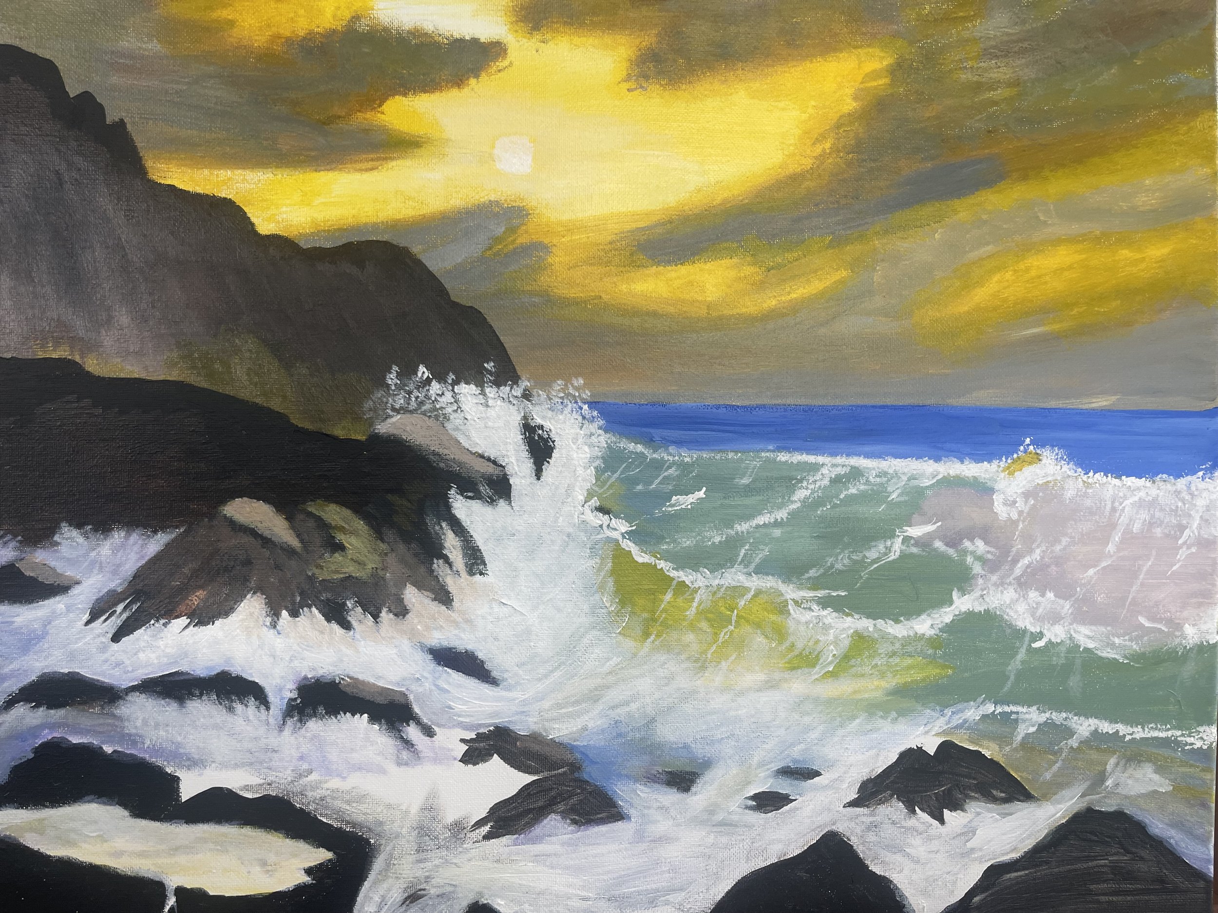 Oil painting of a sunset over a rocky coastline with waves crashing against the rocks, dark cliffs on the left, and a yellow and gray sky.