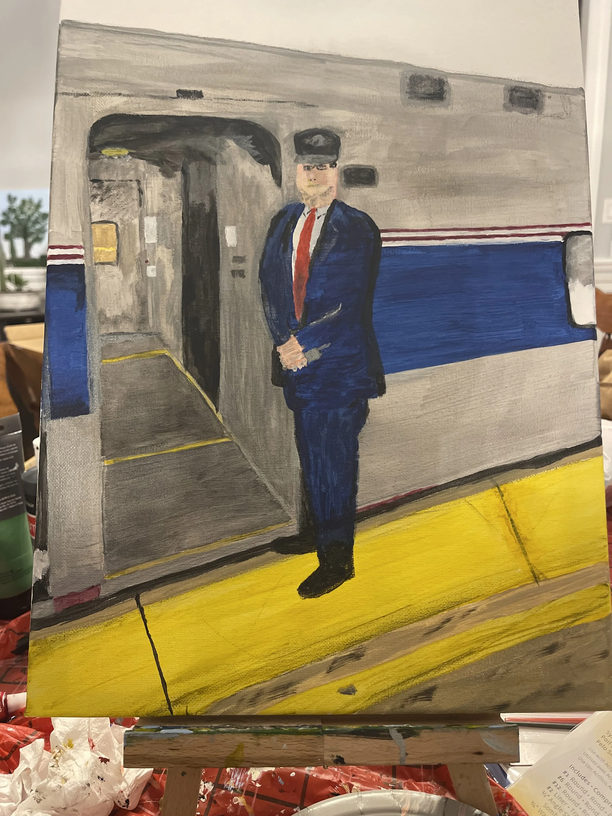 Painting of a man in a suit standing by an airplane, with a yellow platform or border at the bottom.