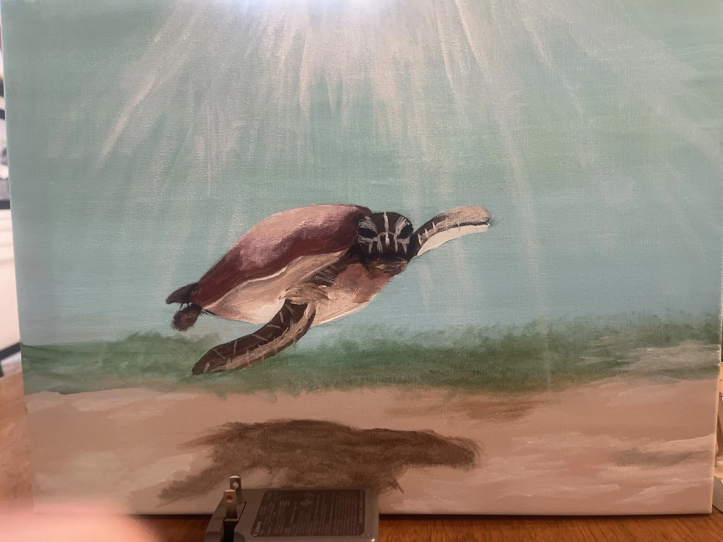 Painting of a turtle swimming underwater, with rays of light shining down from above, and its reflection visible on the water surface.