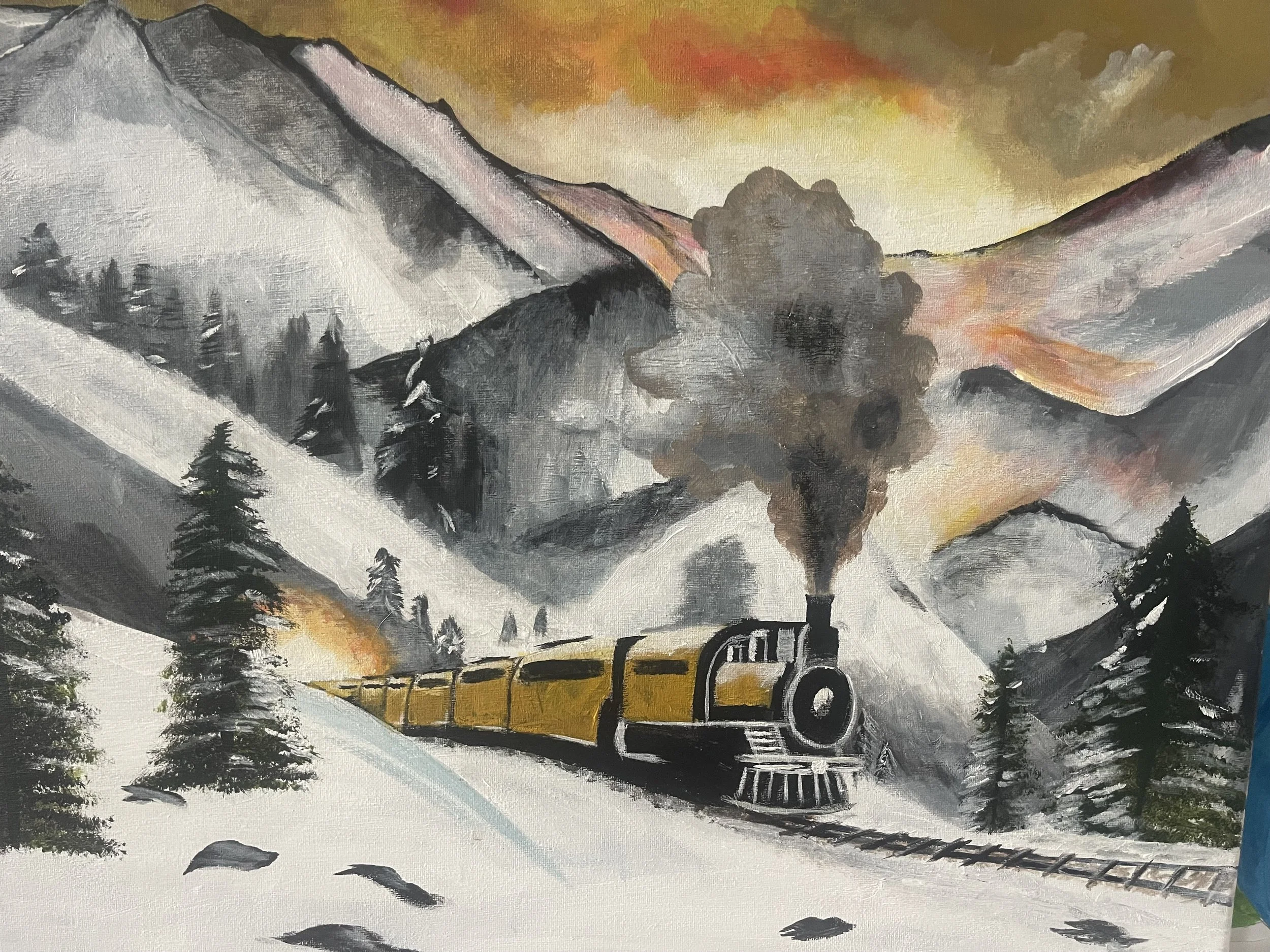 A painting of a yellow and black steam train moving through a snowy mountain landscape with pine trees and smoke rising from the train's chimney during sunset or sunrise.
