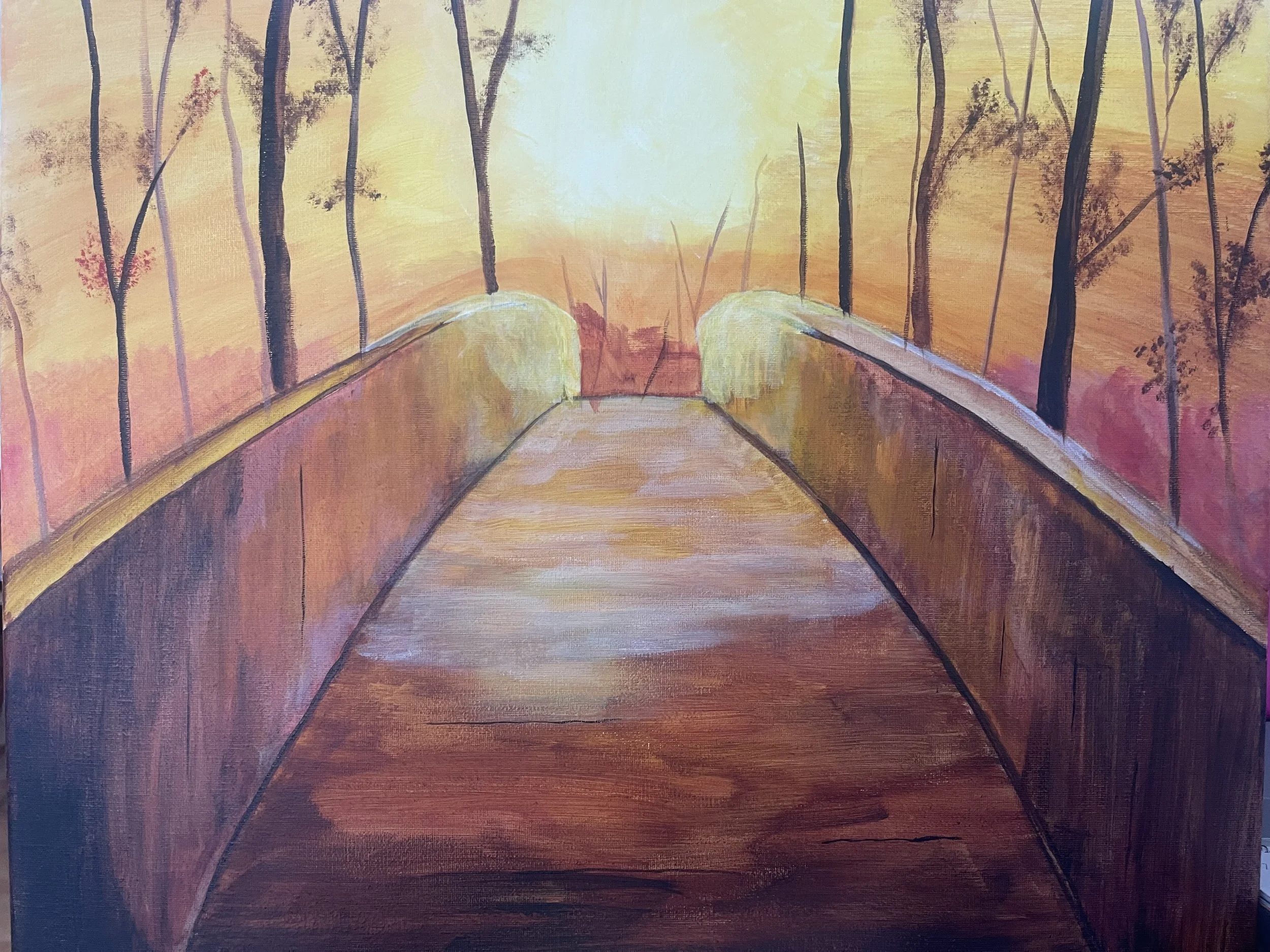Painting of a bridge or pathway in a forest during sunset, with orange and yellow hues in the sky and tall trees with slender trunks lining the sides.