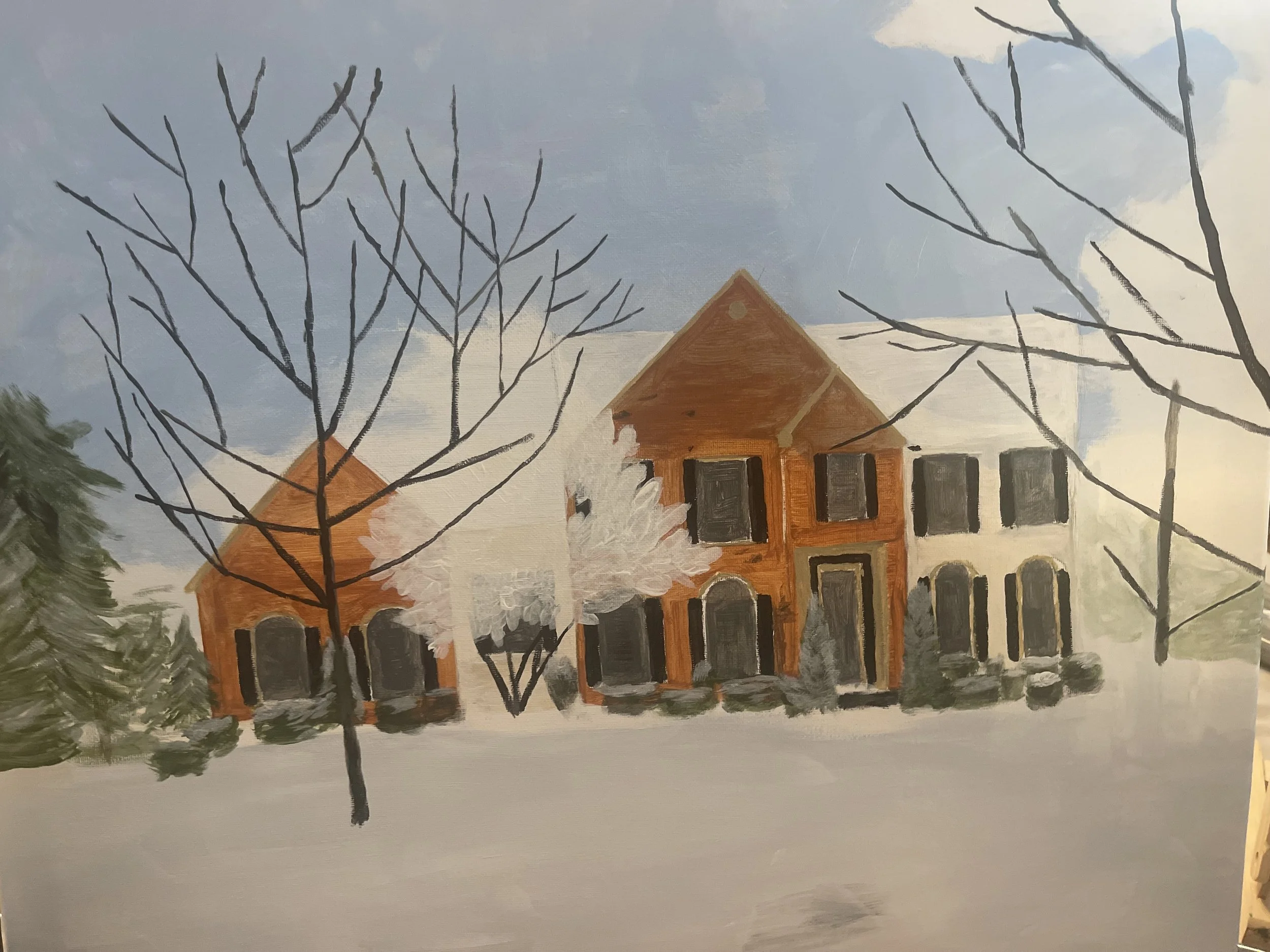 A painting of a winter scene showing two houses, one larger inside the second smaller one, surrounded by leafless trees and snow on the ground. The sky is partly cloudy.