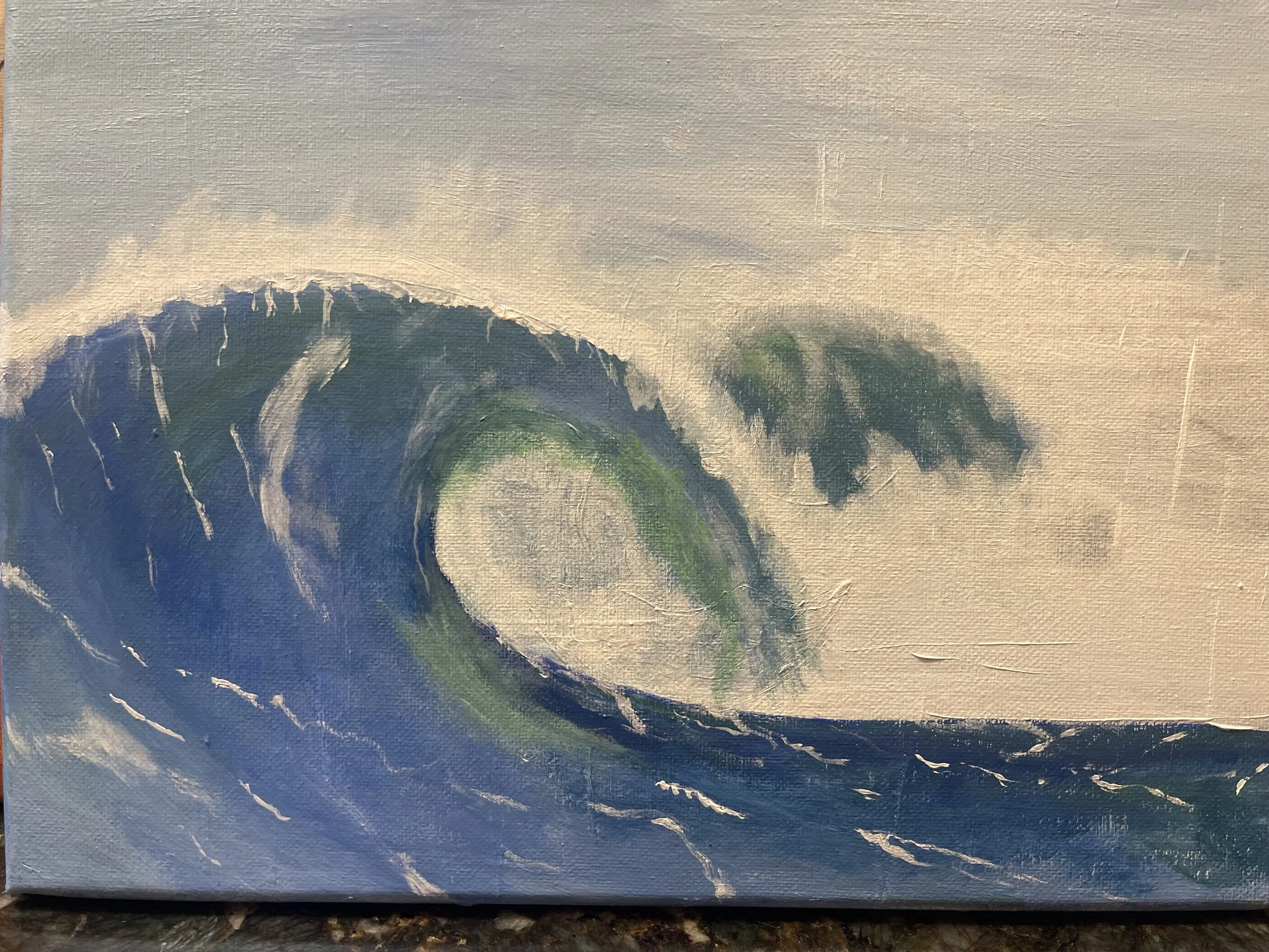 Painting of a large ocean wave curling with green and blue colors, with a light beige sky in the background.