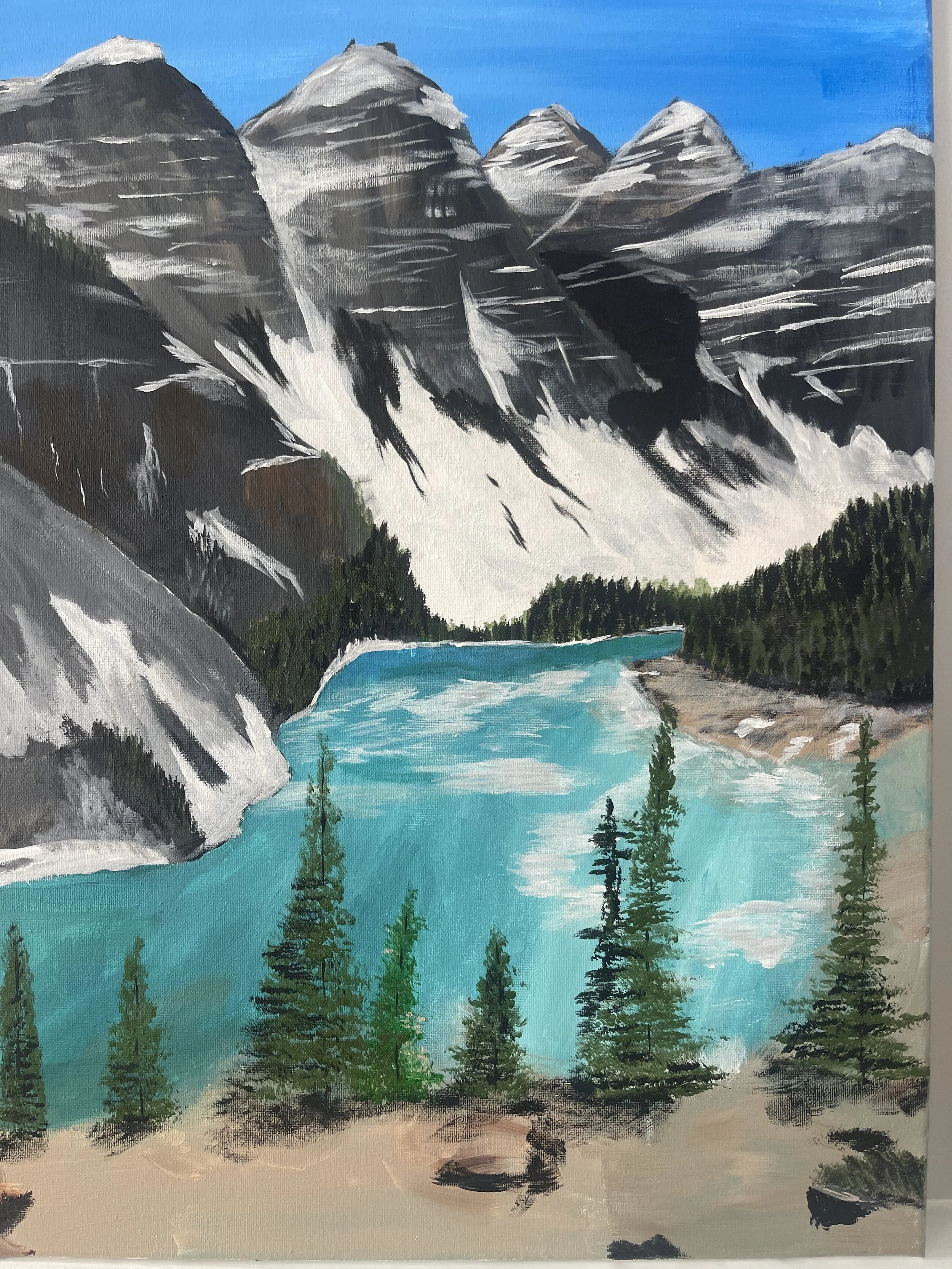 A painting of a mountain landscape with snow-capped peaks, a turquoise river flowing through a forest with pine trees, and a rocky shore in the foreground.