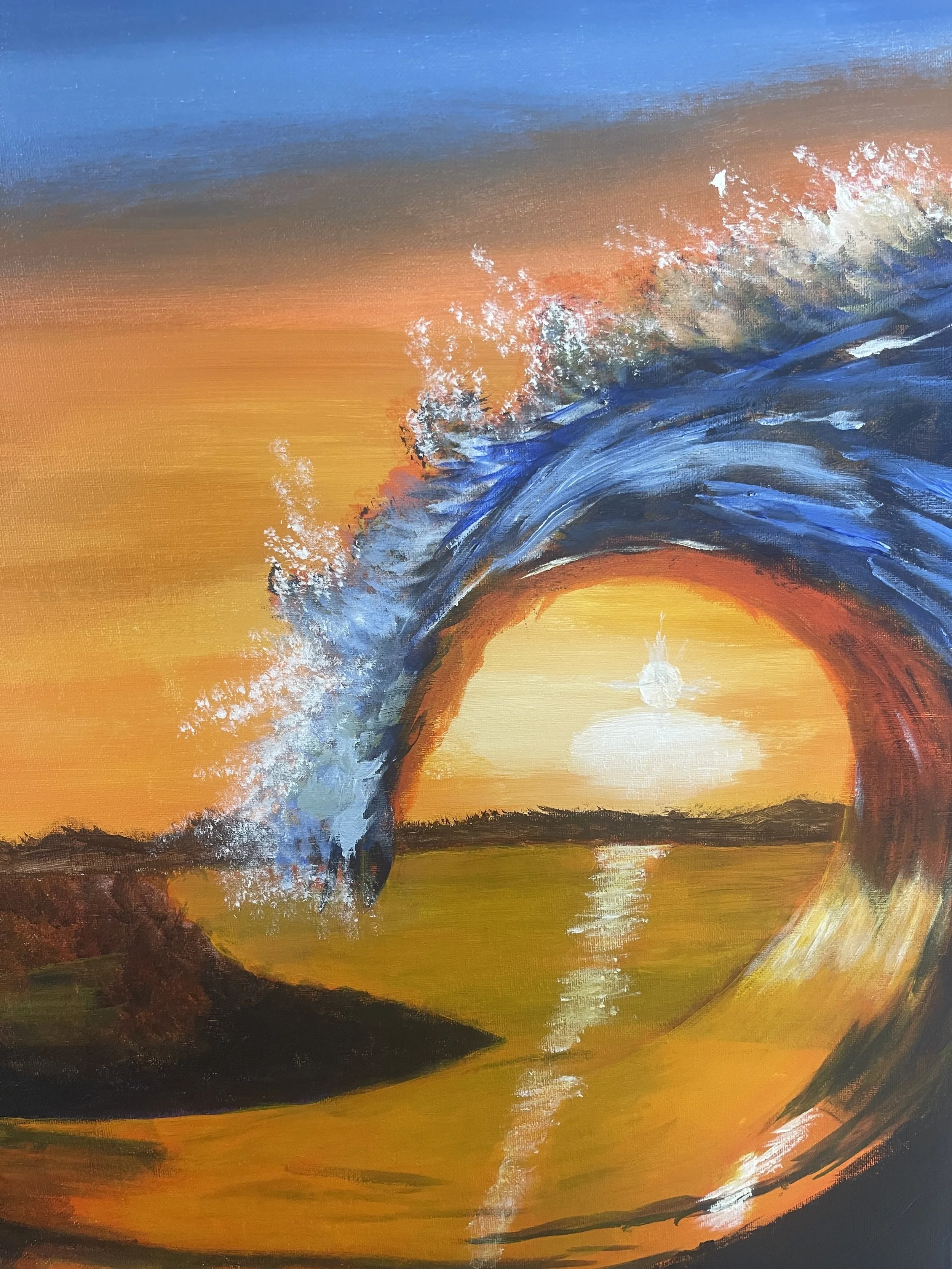 Painting of a large ocean wave crashing with a sunset in the background, reflected in the water.