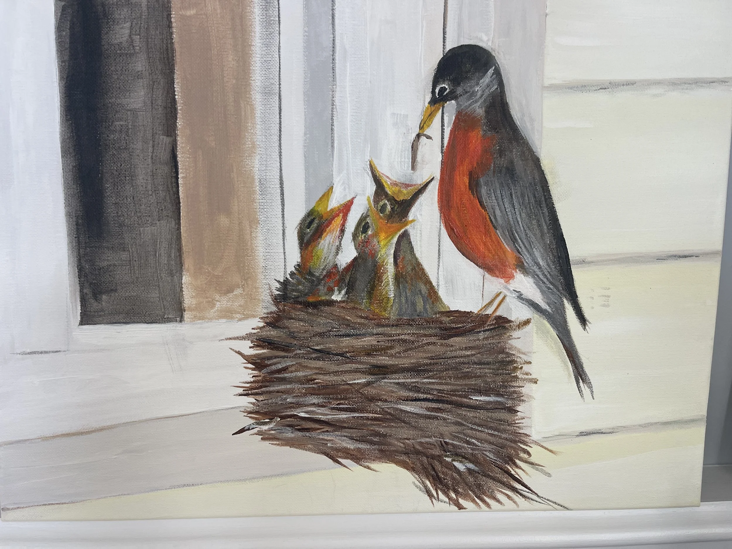 Painting of a mother American Robin feeding her four fledglings in a nest on a porch.