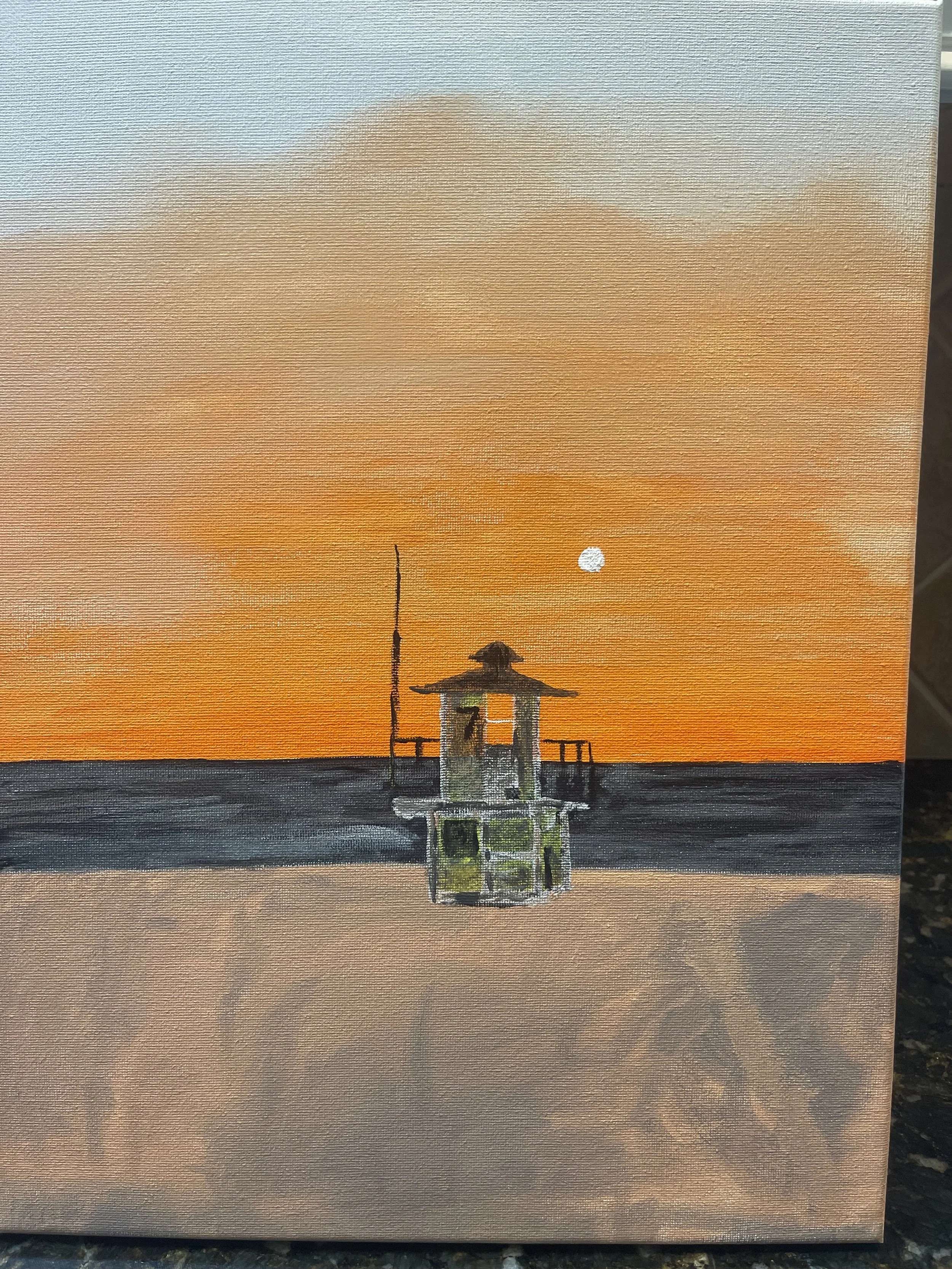 Painting of a sunset over the ocean with a lighthouse in the foreground.