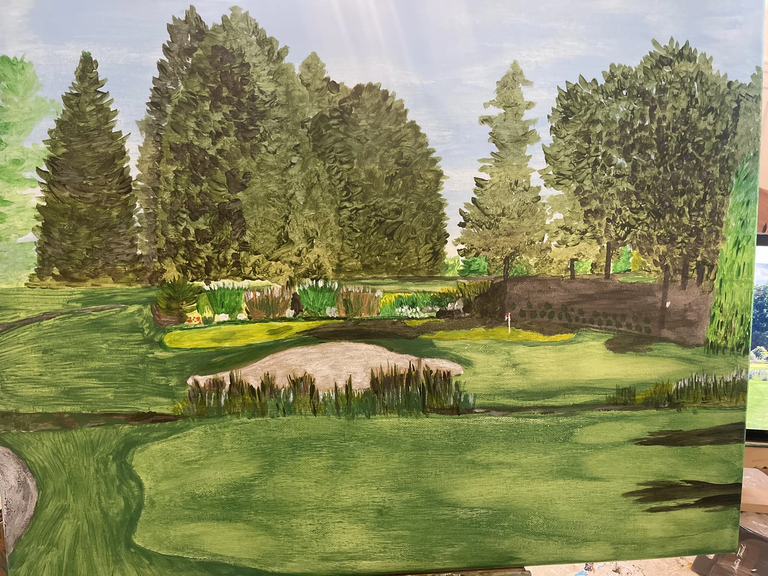 A landscape painting of a golf course with lush green grass, a sand trap, and a putting green with a flag, surrounded by tall trees under a cloudy sky.
