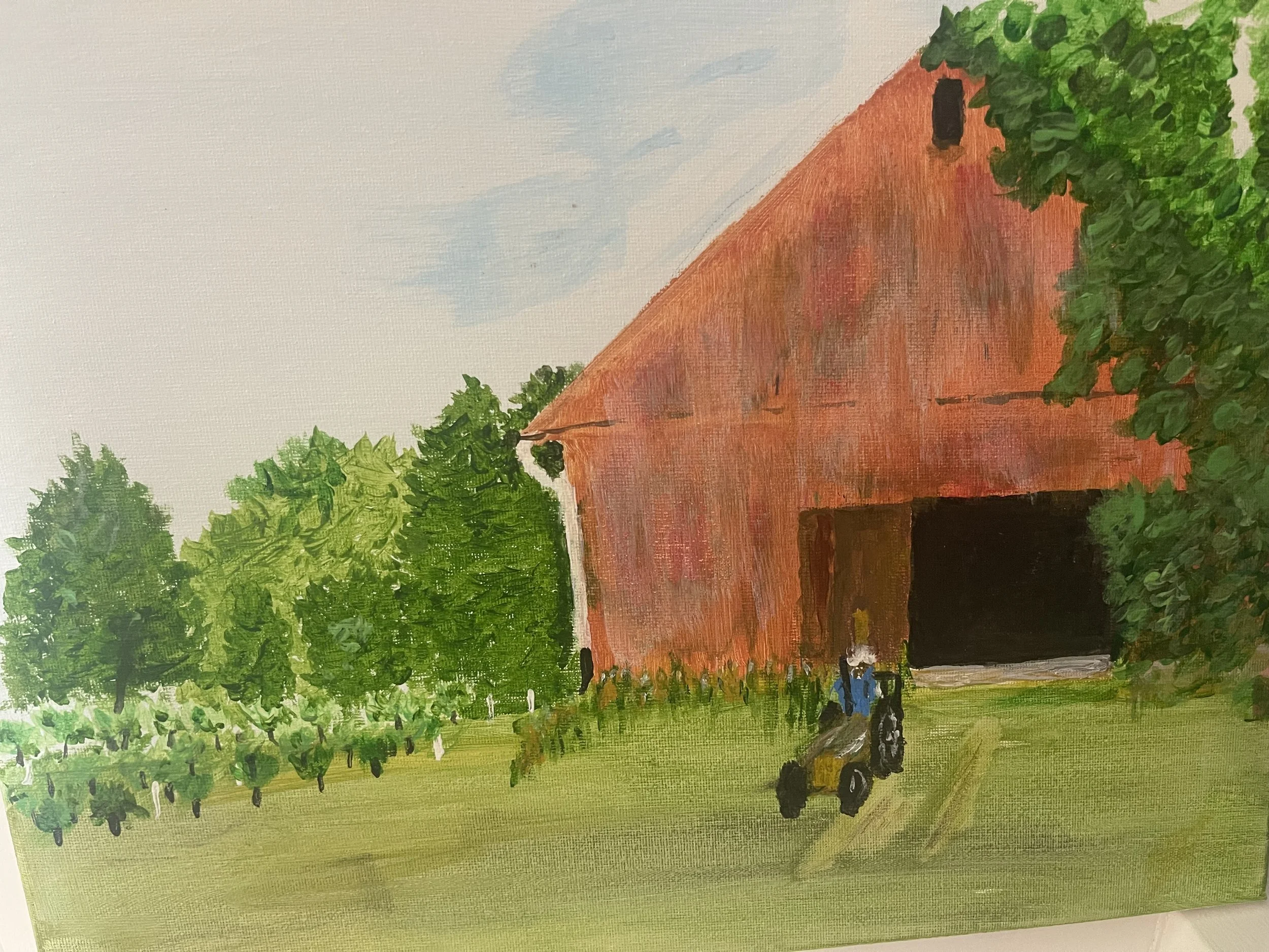 A painting of a red barn on a farm, with green trees on either side, a blue sky with clouds, a lawn in front, and a lawn mower near the barn's entrance.
