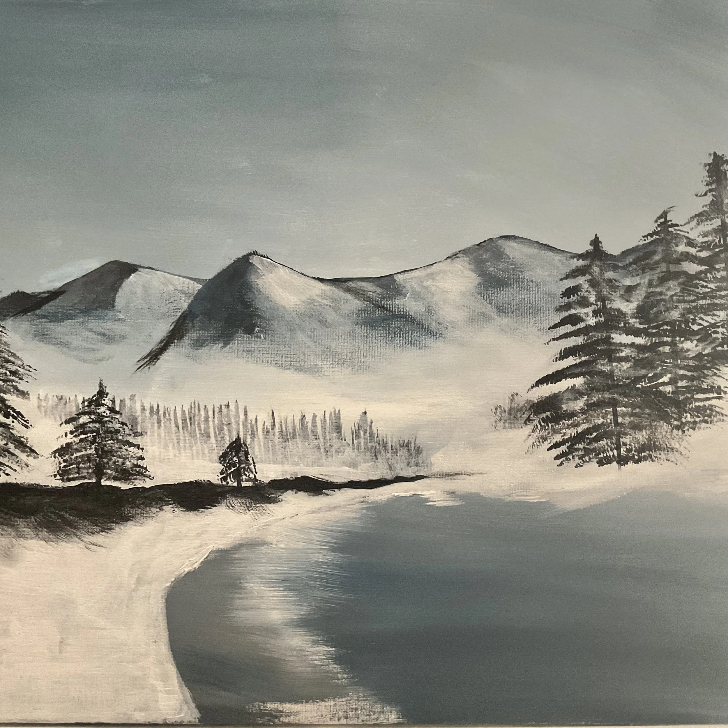 A monochrome painting of a winter mountain landscape with snow-capped peaks, tall pine trees, and a partially frozen river reflecting the hills.