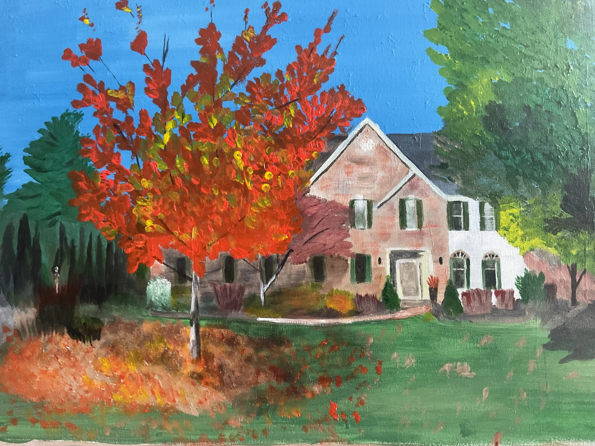 A painting of a house with a red and white exterior surrounded by trees with vibrant autumn foliage, blue sky, and a grassy lawn.
