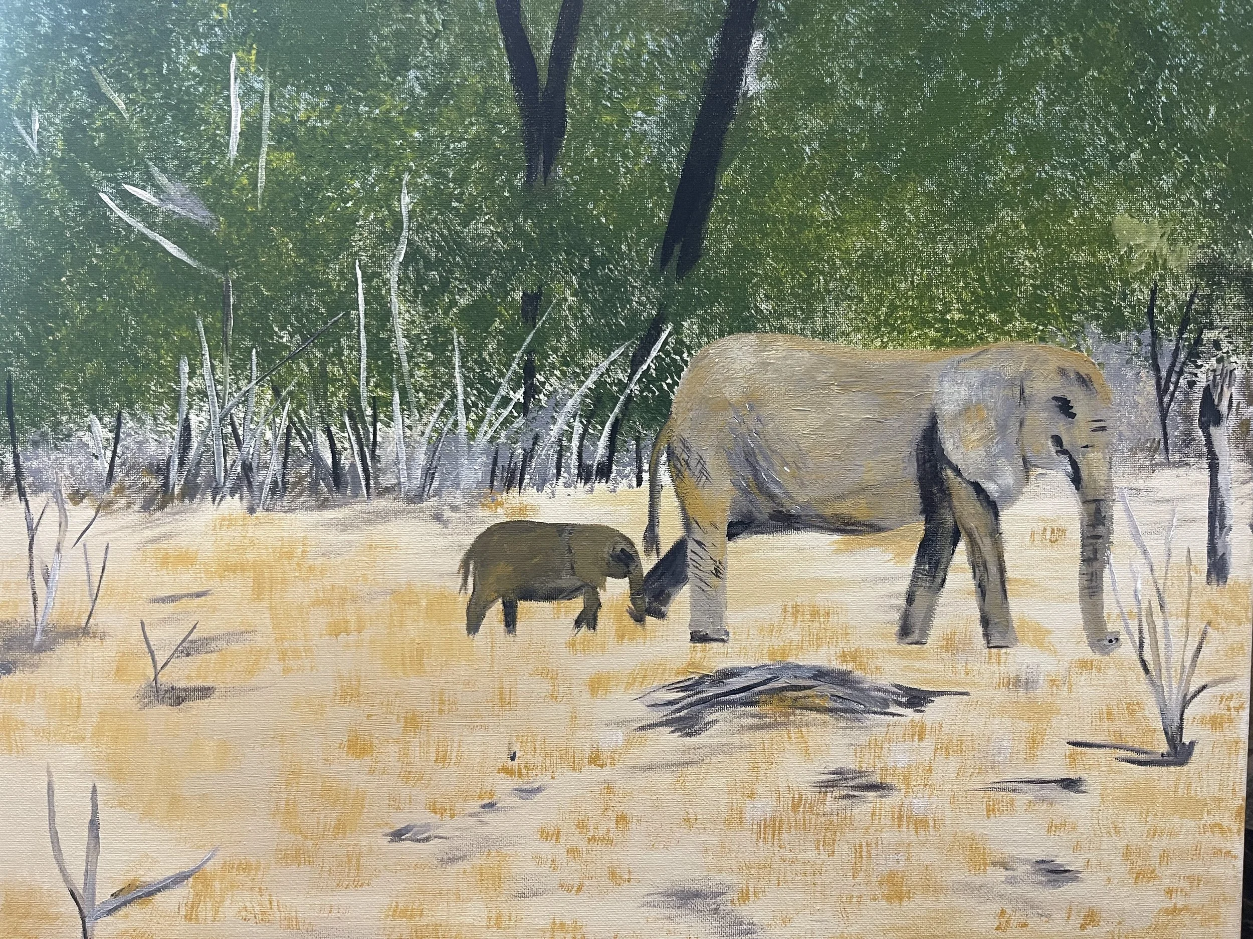 A painting of an elephant and its calf standing on grass near a forest with tall green trees and brown bushes.
